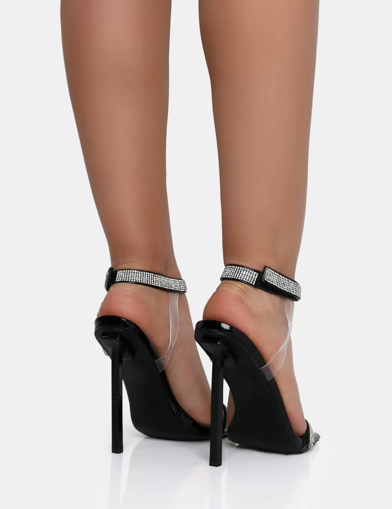 Public Desire Afterglow Patent Barely There Diamante Strap Square Toe Stiletto Heels Black Store
