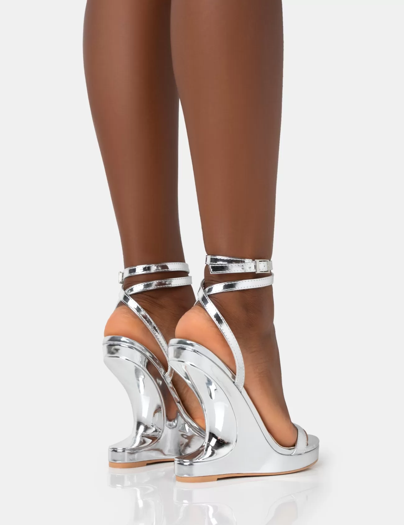 Public Desire A-List Mirror Barley There Wrap Around Platform Cut Out Wedge Heels Silver Cheap