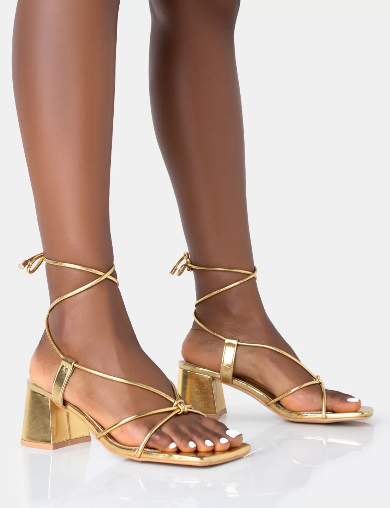 Public Desire Aloha Pu Lace Up Block Mid Heeled Sandals Gold Discount