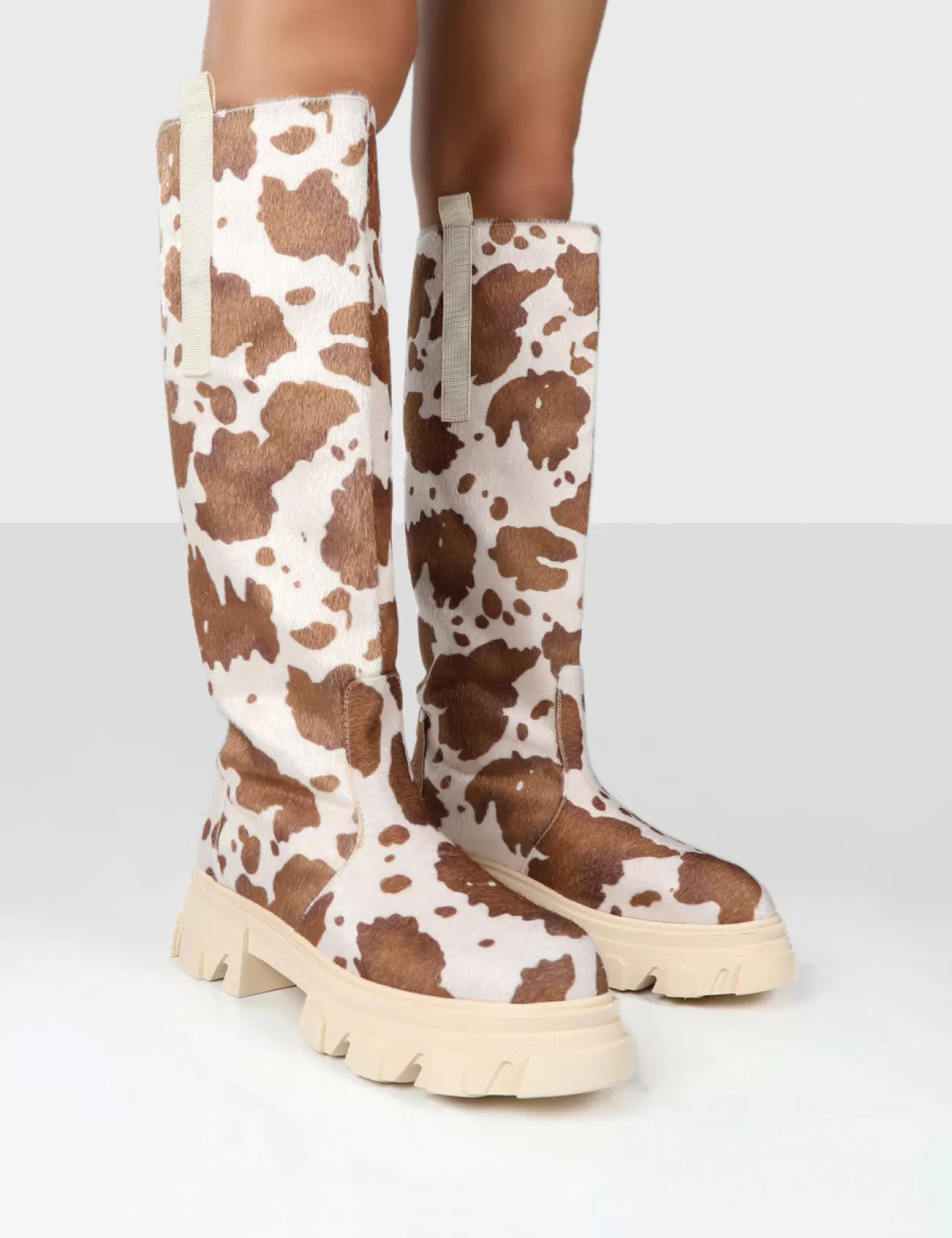 Public Desire Amber X Genius Cow Print Platform Knee High Chunky Sole Boot Multi New