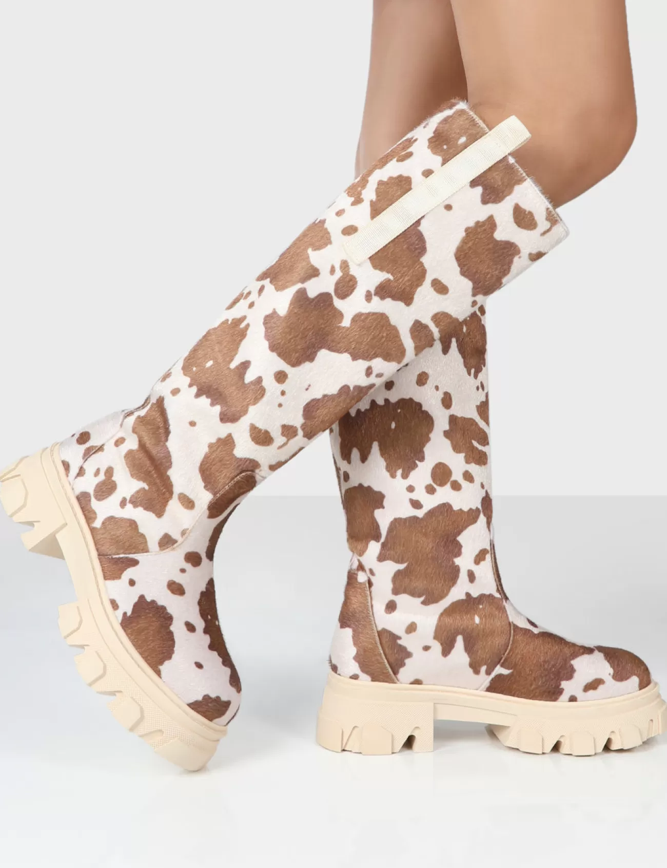 Public Desire Amber X Genius Cow Print Platform Knee High Chunky Sole Boot Multi New