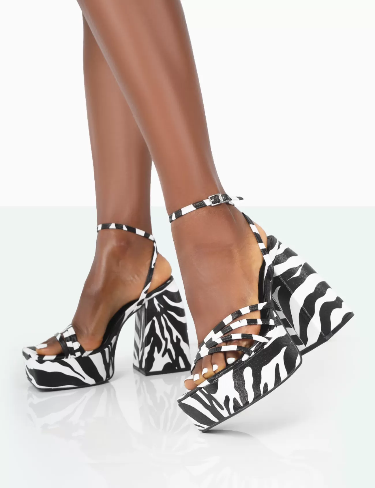 Public Desire Amerie Zebra Grain Chunky Square Toe Platform Block Heels Black And White Flash Sale