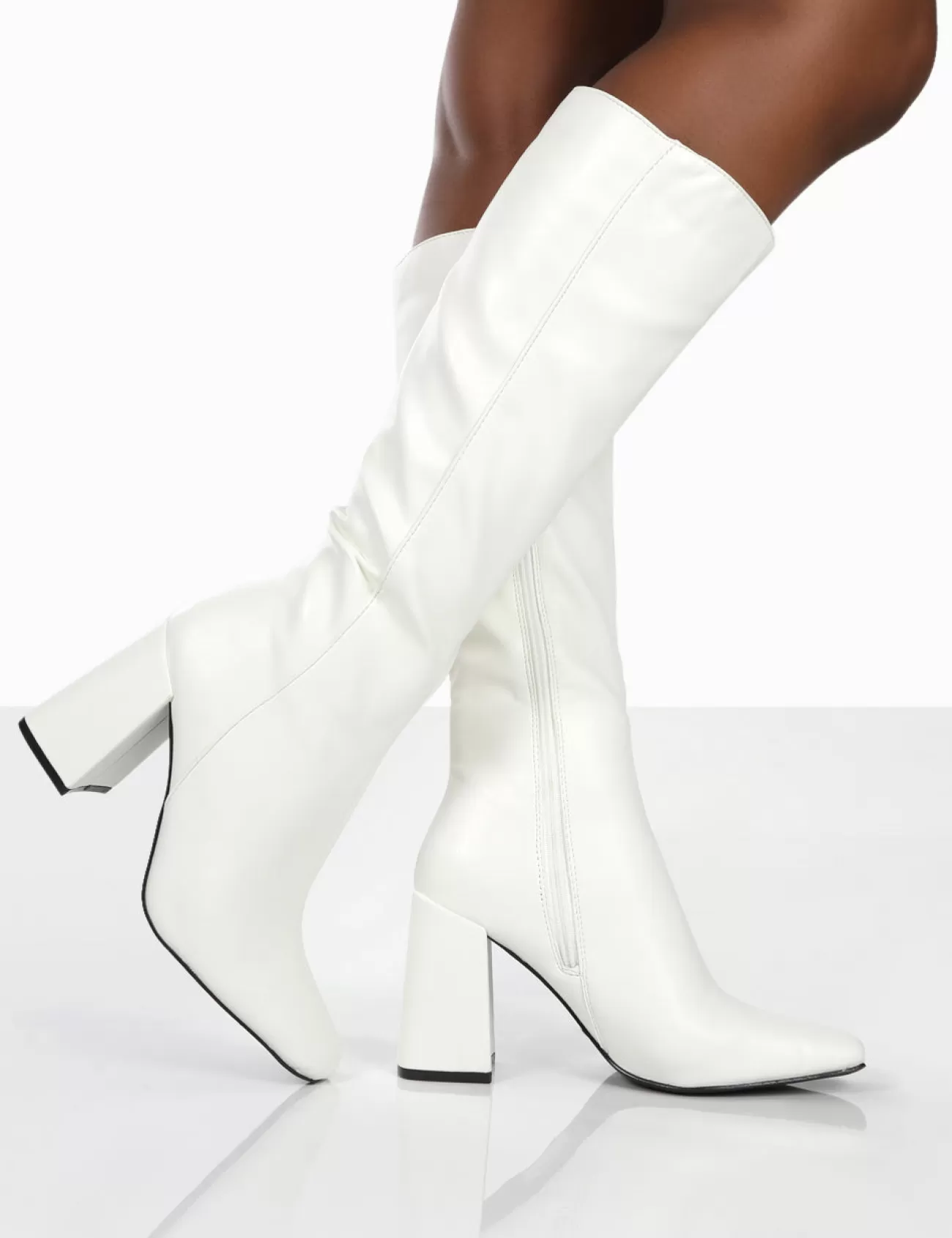 Public Desire Apology Pu Knee High Block Heel Boots White Best