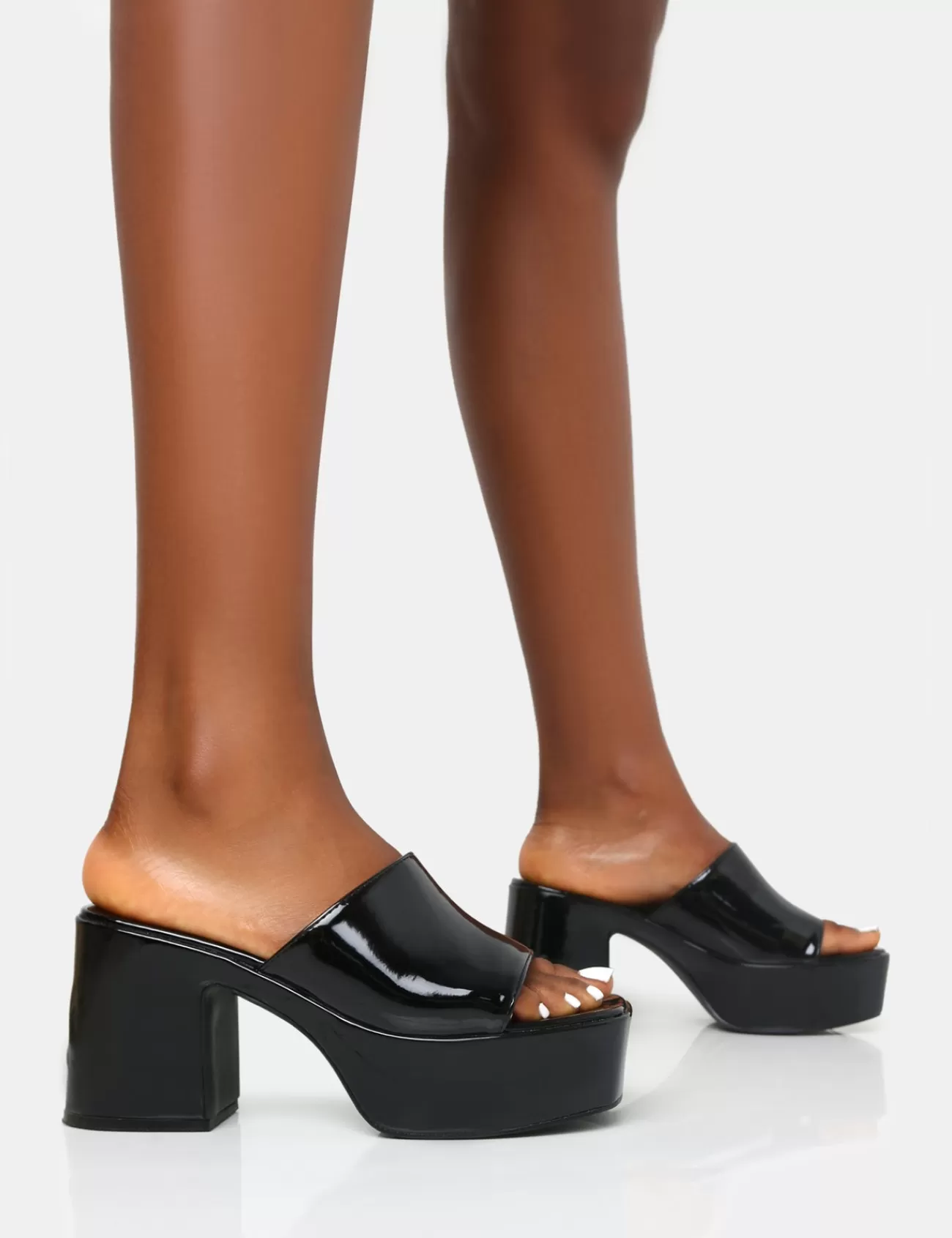 Public Desire Ariel Patent Mule Chunky Mid Platform Heels Black Store