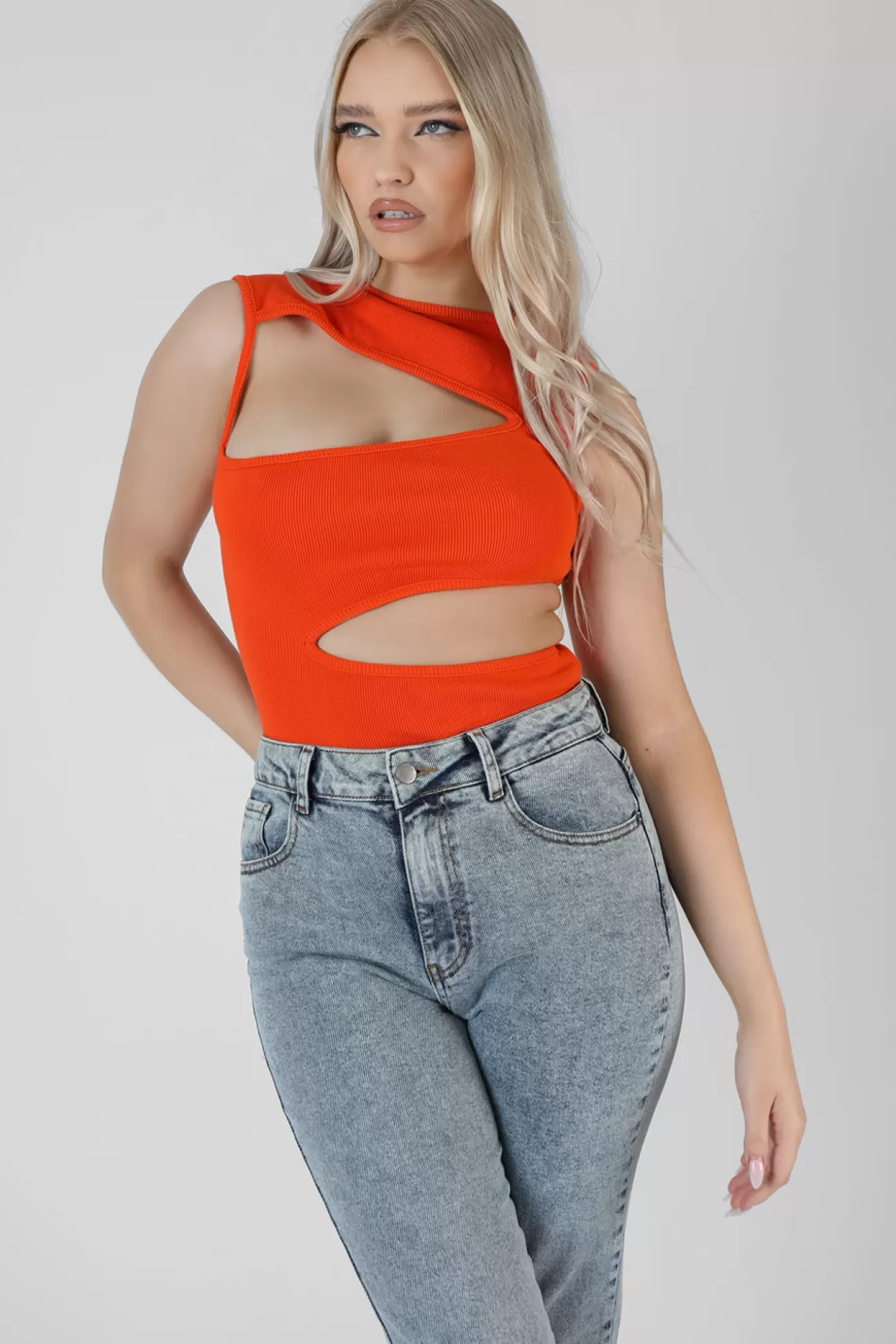 Public Desire Asymmetric Cut Away Bodysuit Orange Fashion