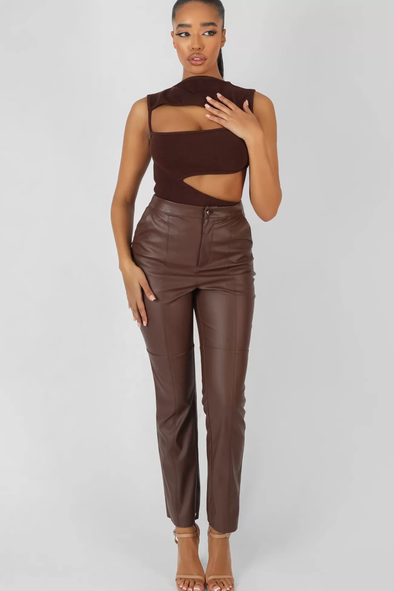 Public Desire Asymmetric Cut Away Bodysuit Chocolate Flash Sale
