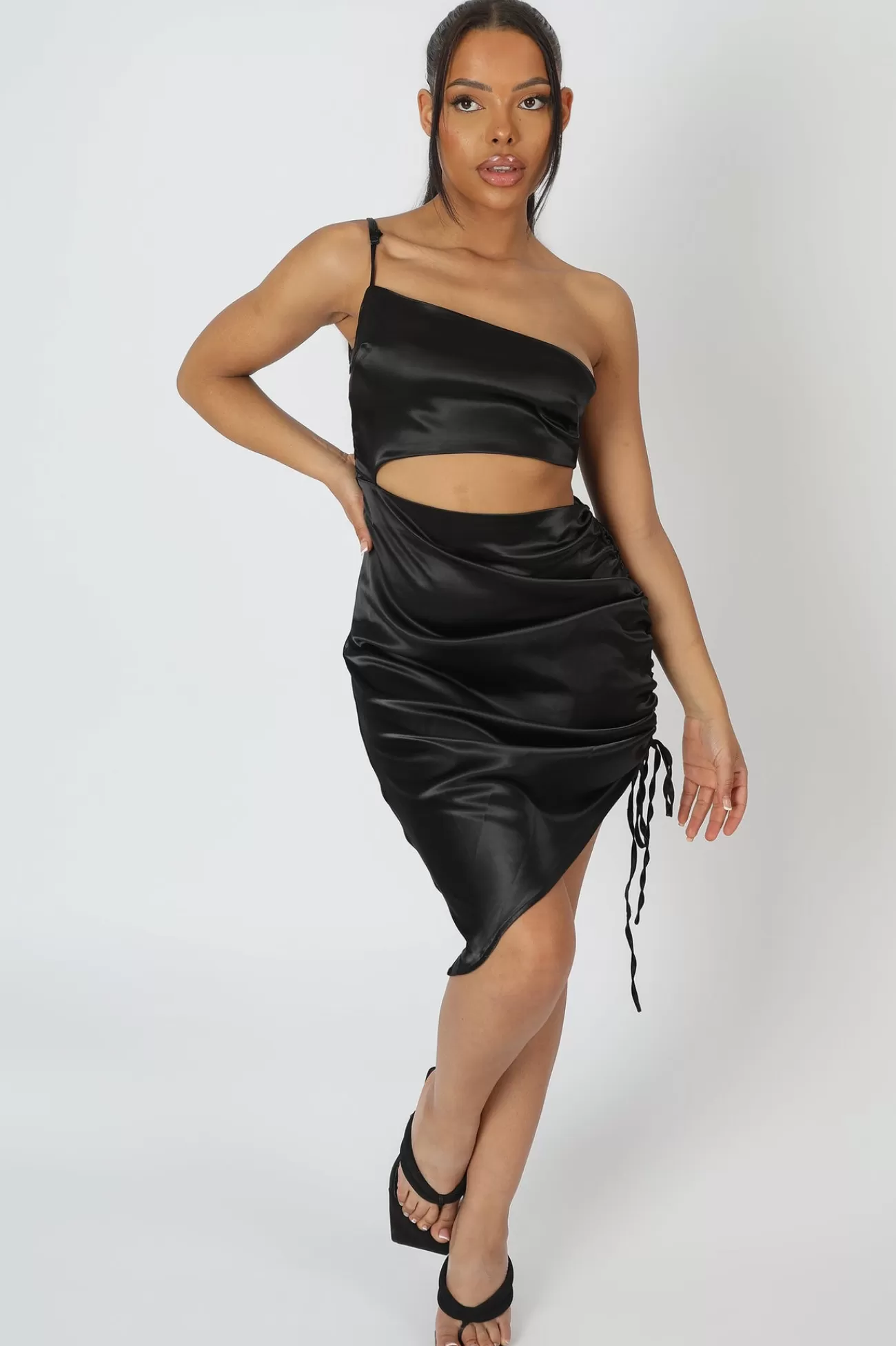 Public Desire Asymmetric Cut Out Ruched Satin Midi Dress Black Shop