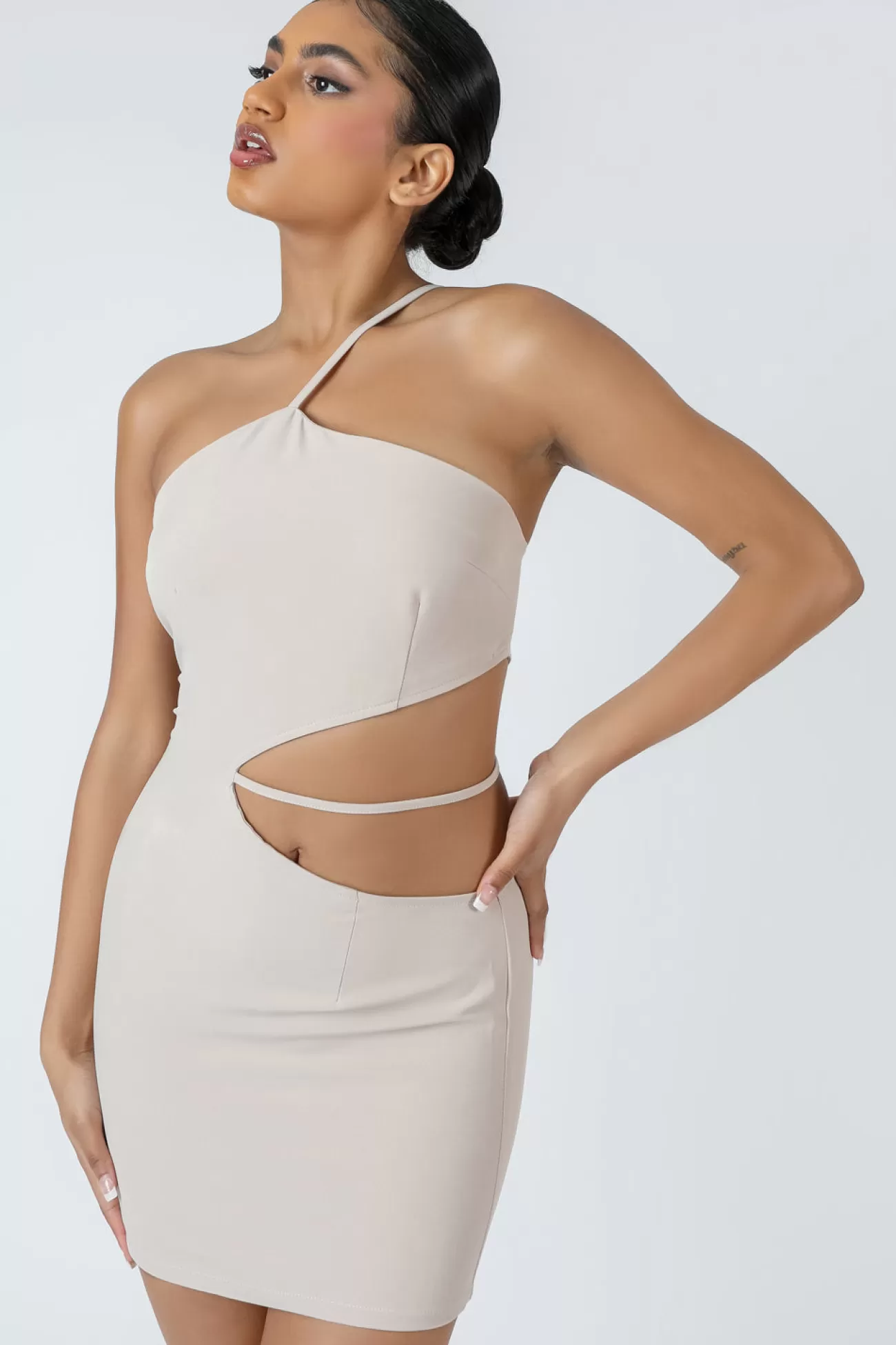 Public Desire Asymmetric Cutout Waist Strappy Mini Dress Nude Clearance