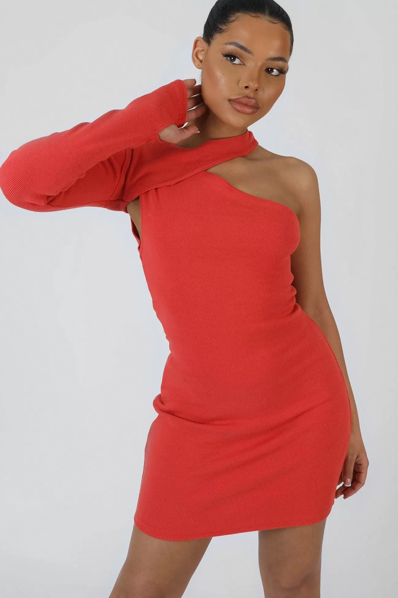 Public Desire Asymmetric Layer Mini Dress Coral Red Fashion