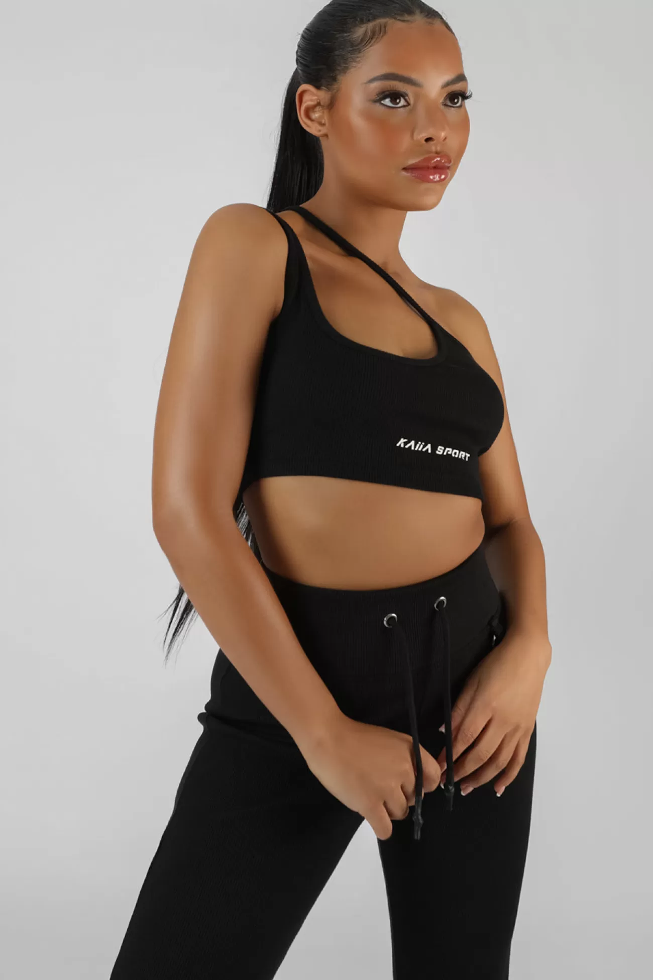 Public Desire Asymmetric Strappy Kaiia Sport Crop Top Black Fashion