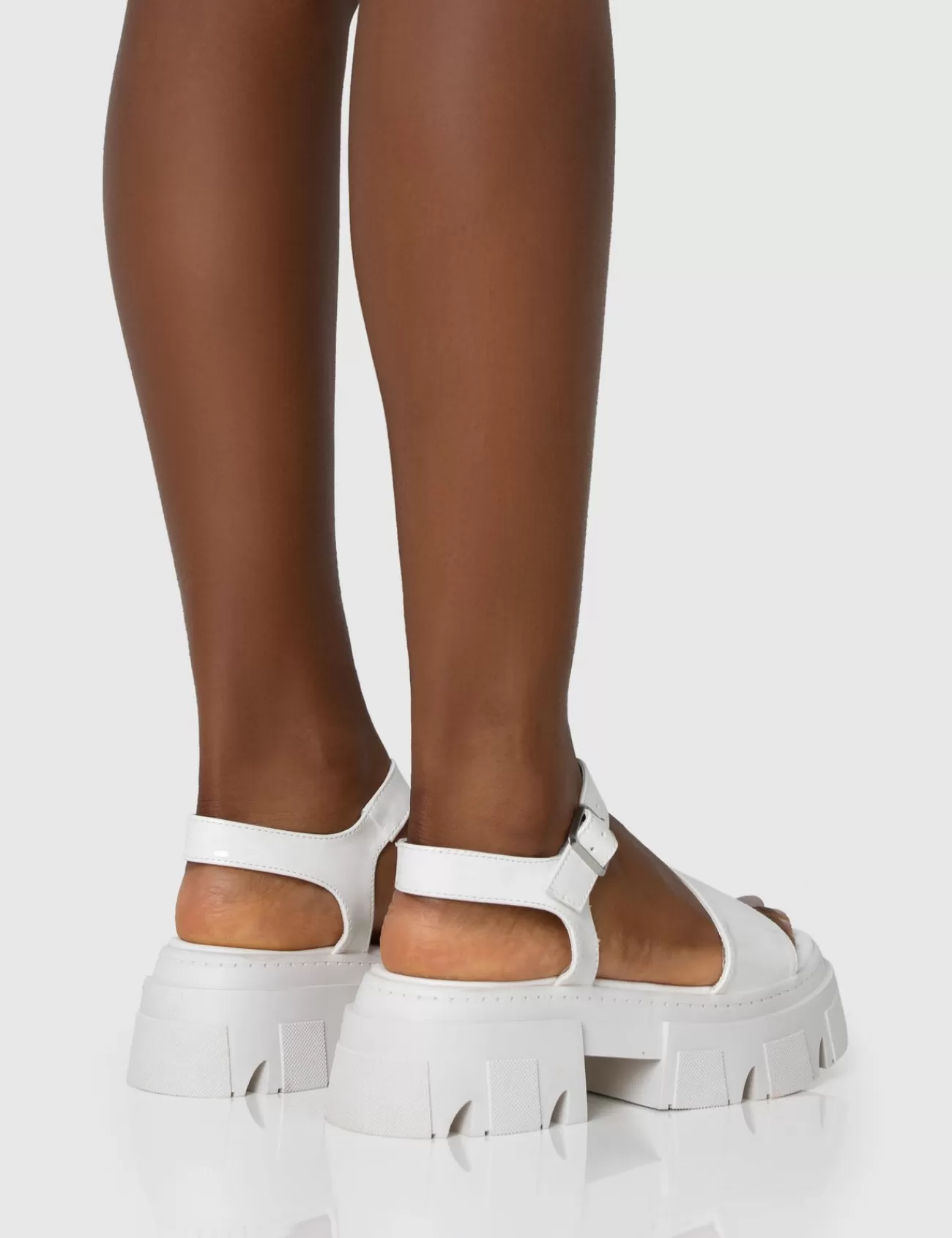 Public Desire Athens Patent Round Toe Chunky Flat Sandals White New