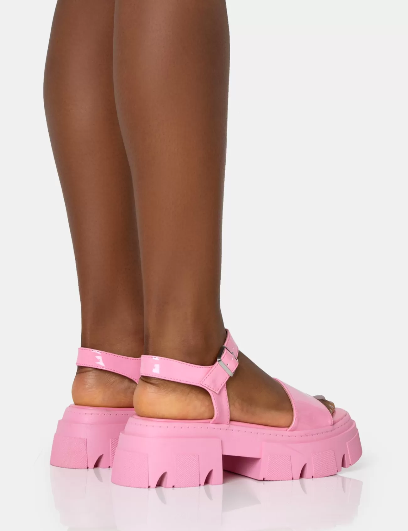 Public Desire Athens Pink Patent Round Toe Chunky Flat Sandals Best