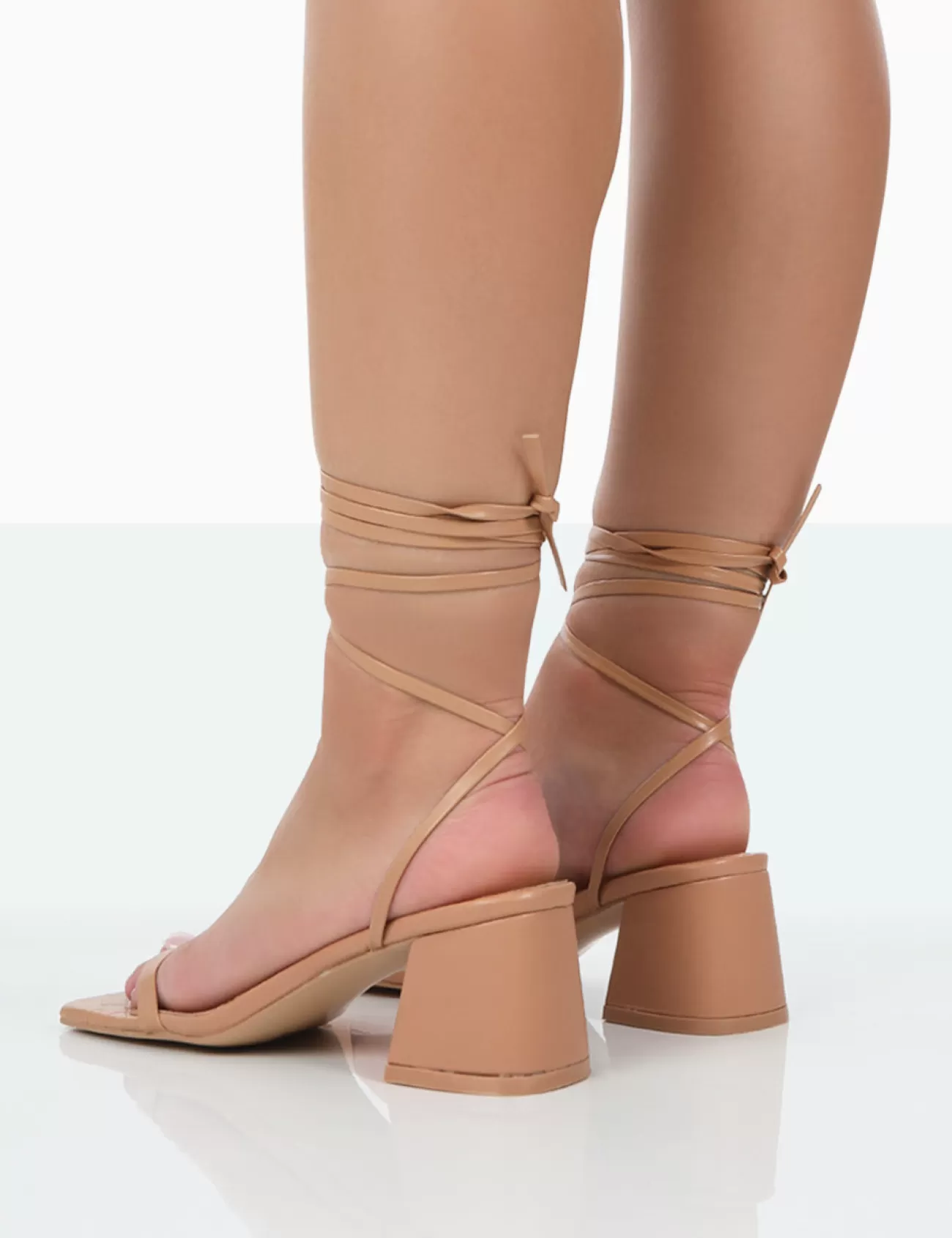 Public Desire Babeass Pu Sqaure Toe Lace Up Block Mid Heeled Sandals Nude Shop
