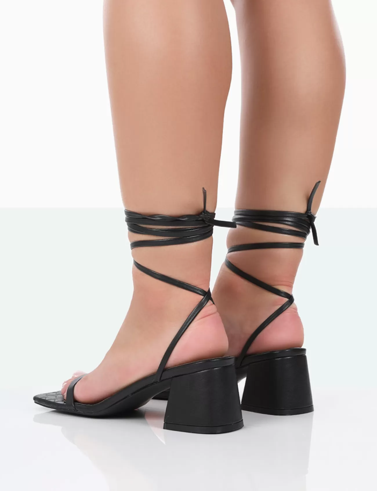 Public Desire Babeass Pu Sqaure Toe Lace Up Block Mid Heeled Sandals Black Outlet