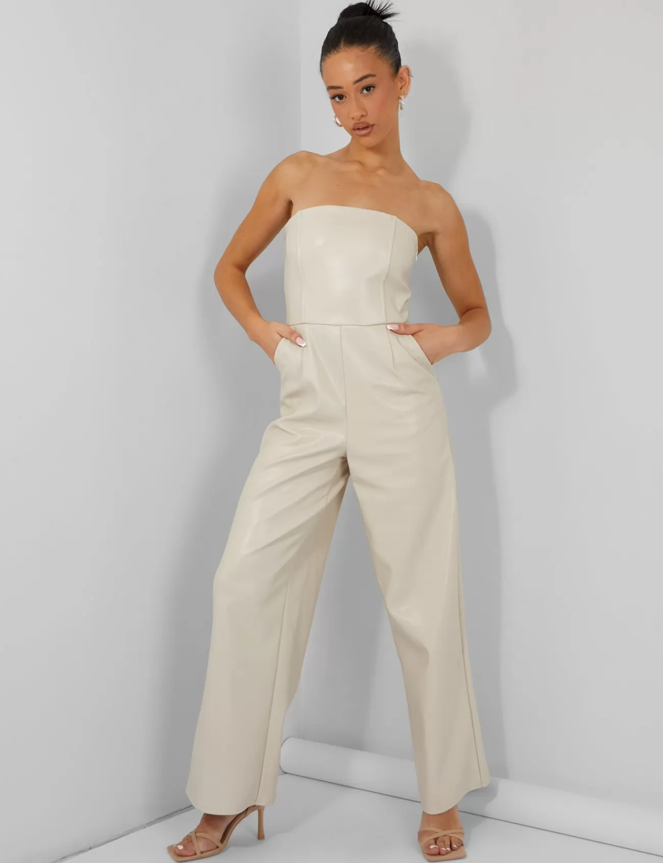 Public Desire Bandeau Tailored Wide Leg Jumpsuit Stone Outlet