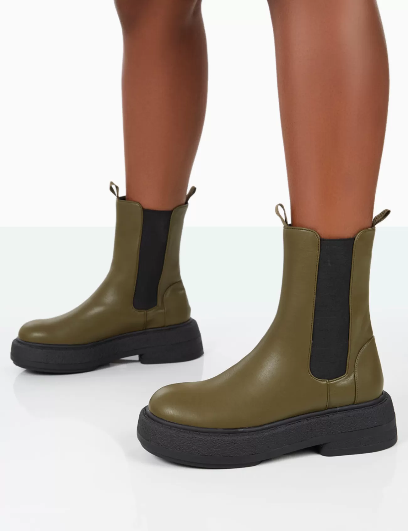 Public Desire Barbie Dark Pu Platform Chunky Sole Chelsea Boots Khaki Online
