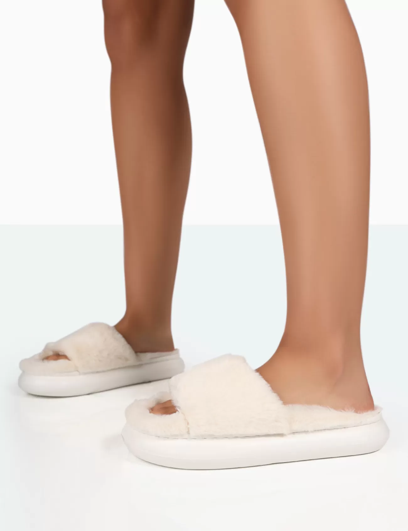 Public Desire Bashful Ecru Faux Fur Chunky Sole Slider Slippers Hot