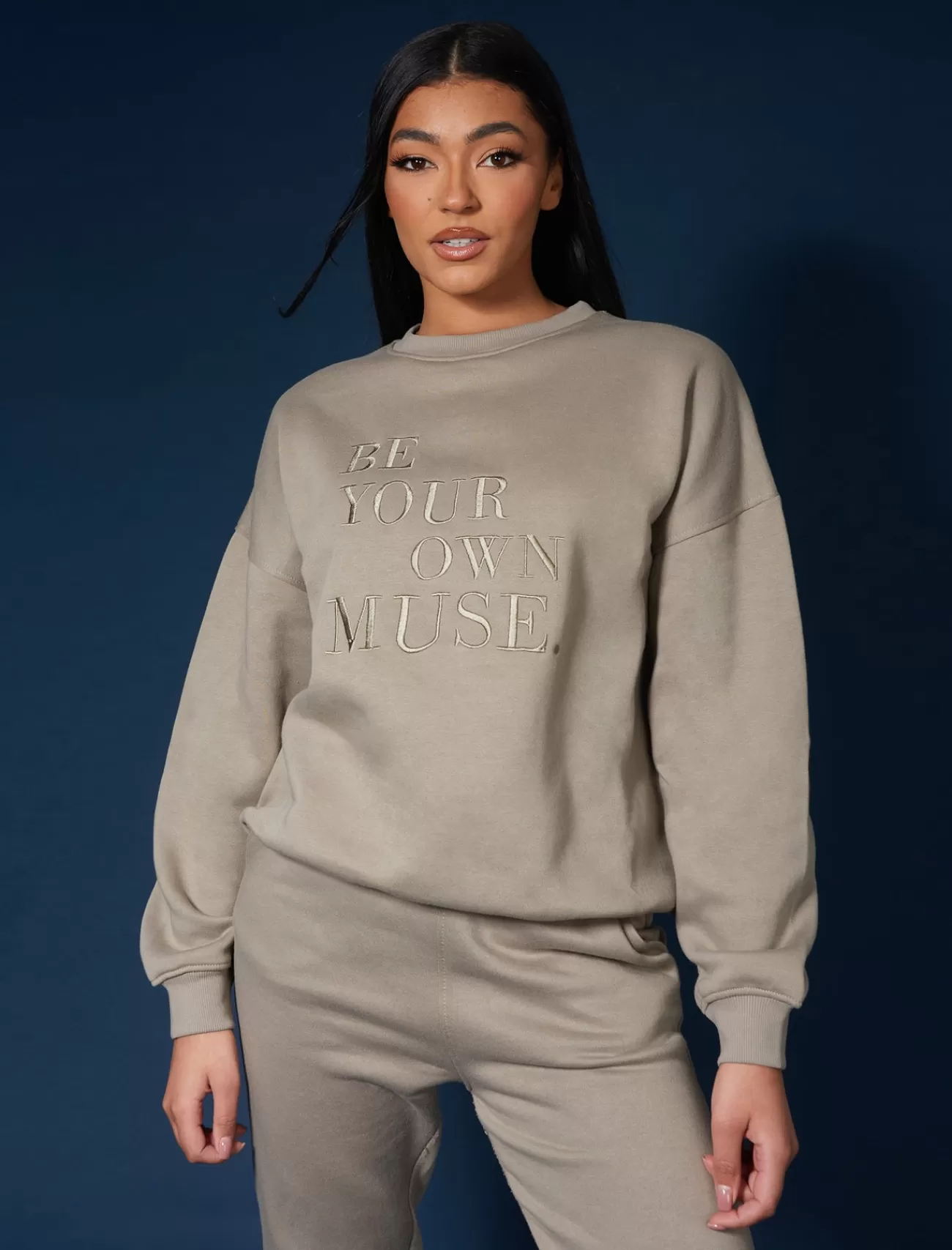 Public Desire Be Your Own Muse Embroidered Sweatshirt Khaki Store
