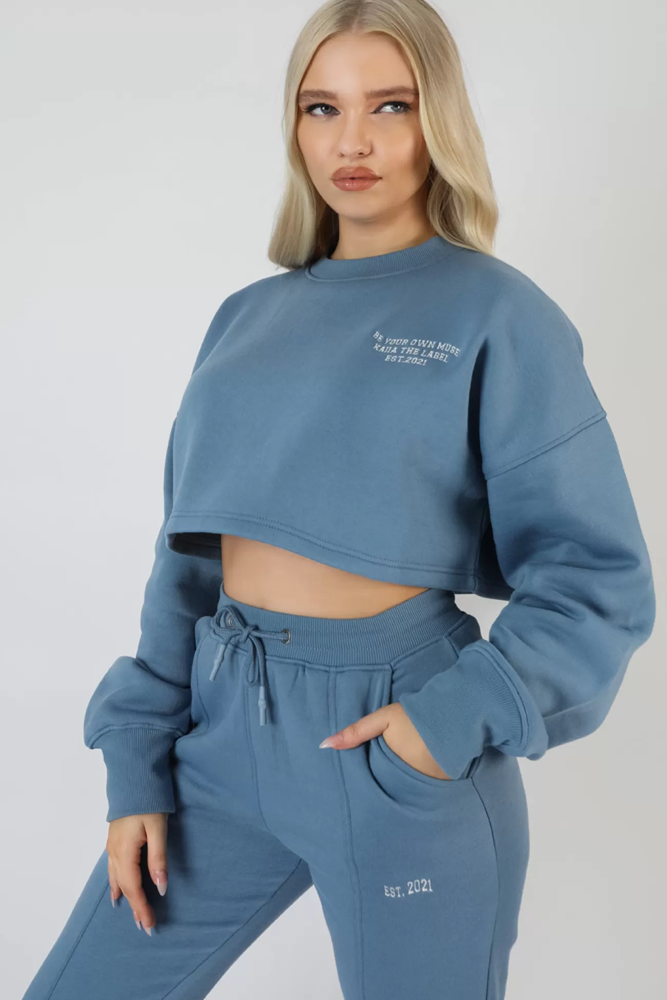 Public Desire Be Your Own Muse Wave Print Cropped Sweatshirt Blue Outlet