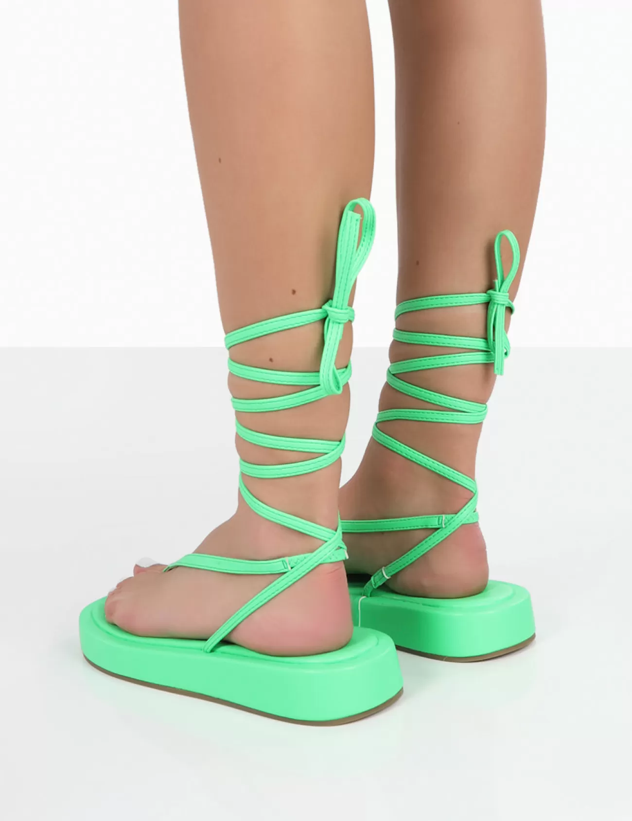 Public Desire Beach Babe Green Lace Up Toe Thong Flatform Sandals Lime Discount