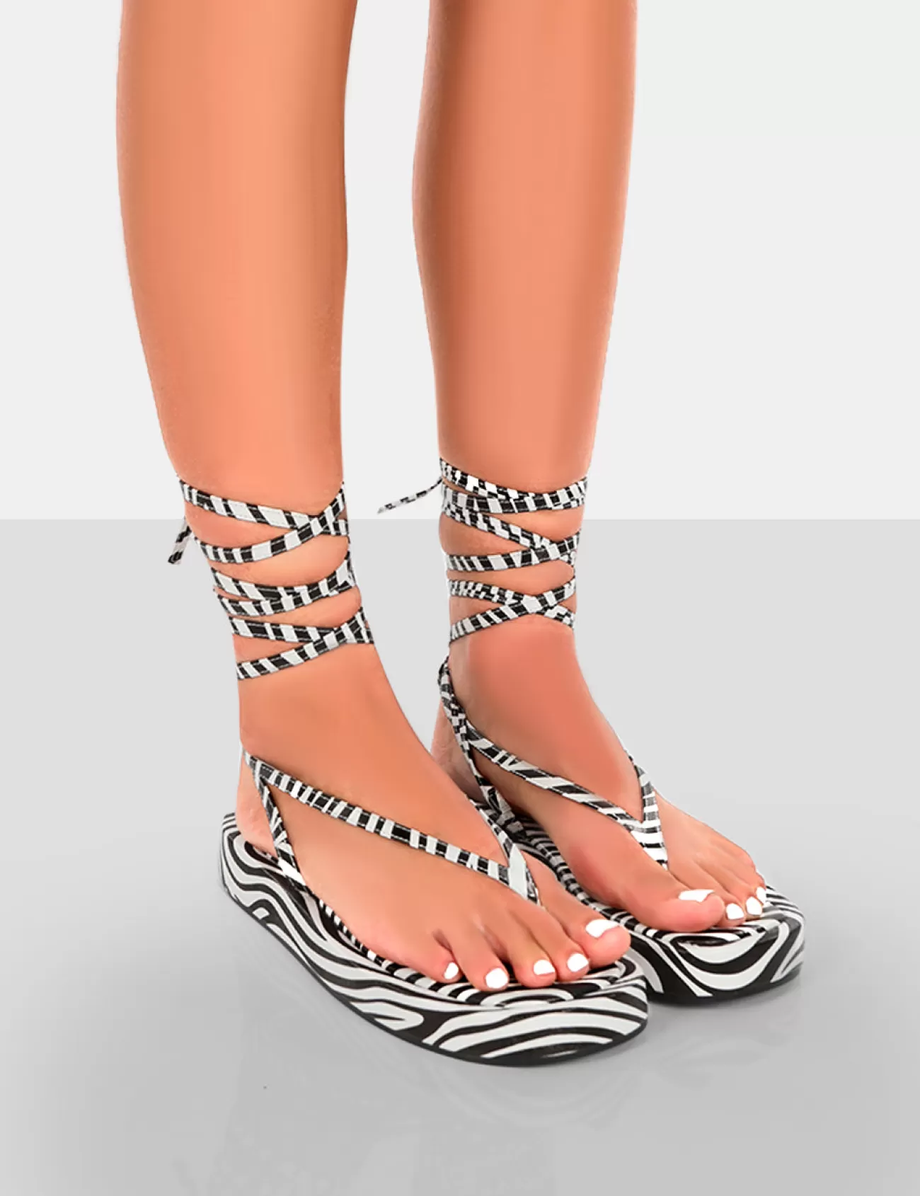 Public Desire Beach Babe Lace Up Toe Thong Flatform Sandals Zebra Discount