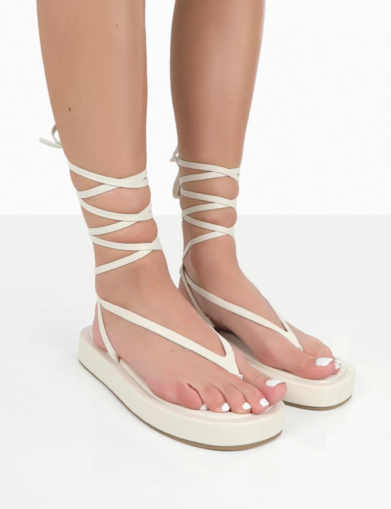 Public Desire Beach Babe Lace Up Toe Thong Flatform Sandals Ecru Clearance