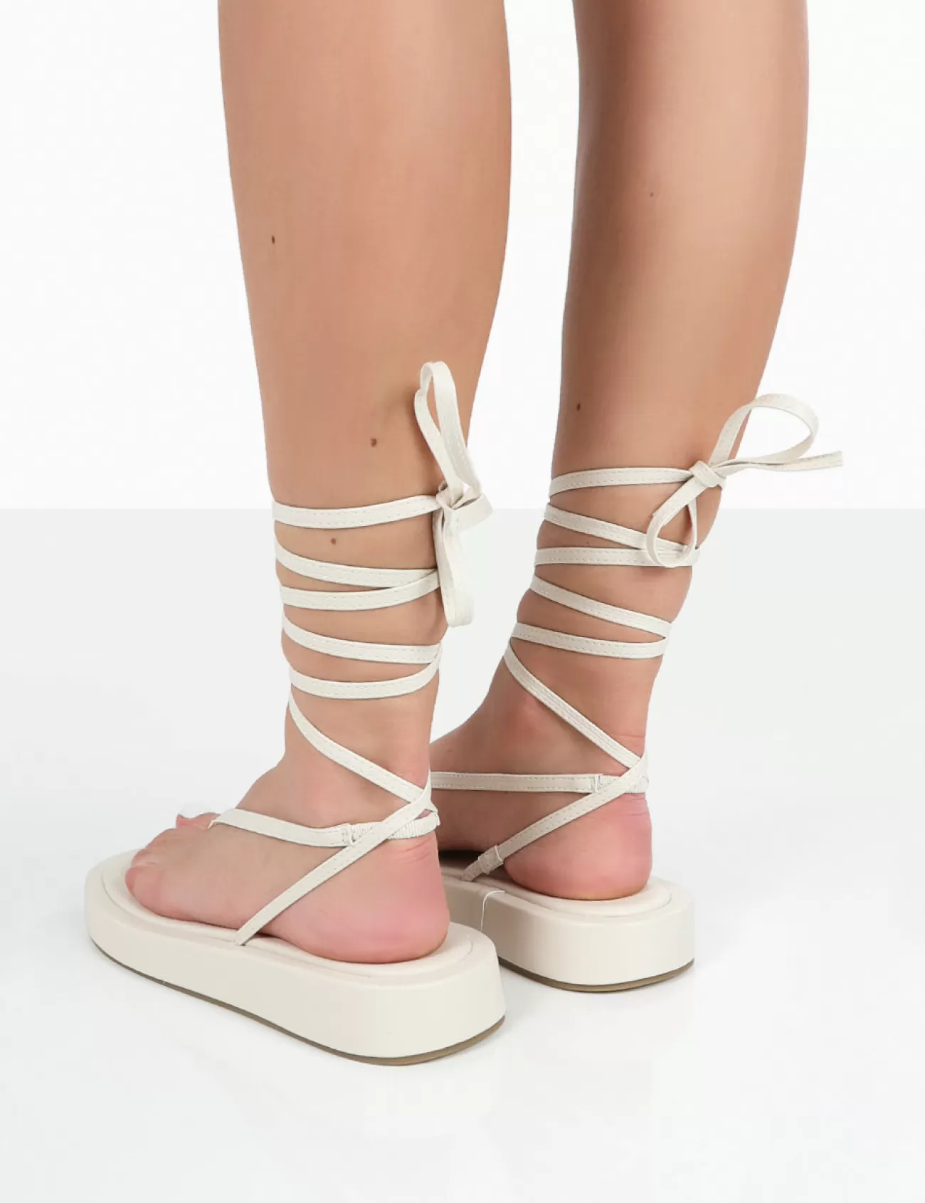 Public Desire Beach Babe Lace Up Toe Thong Flatform Sandals Ecru Clearance