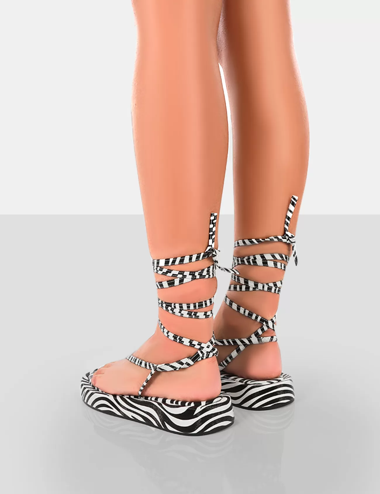 Public Desire Beach Babe Lace Up Toe Thong Flatform Sandals Zebra Discount