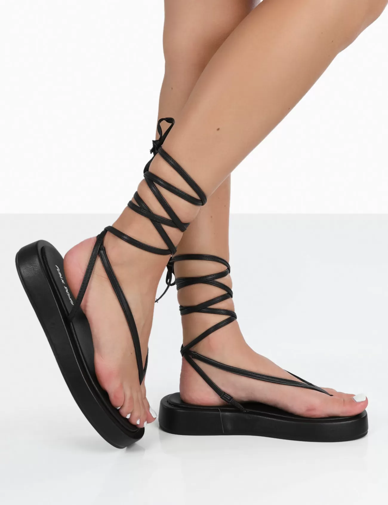 Public Desire Beach Babe Lace Up Toe Thong Flatform Sandals Black Cheap