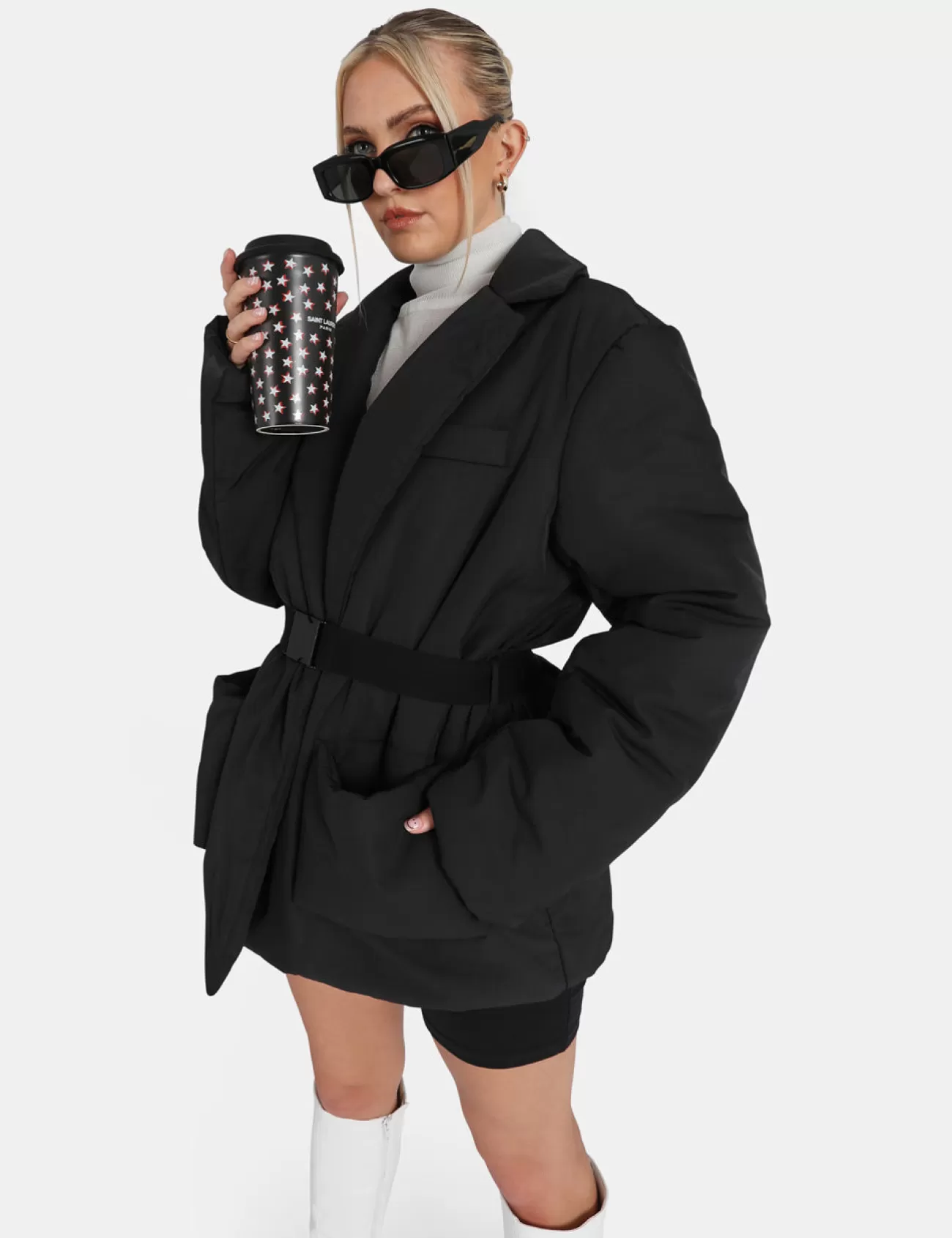 Public Desire Belted Puffer Blazer Black New