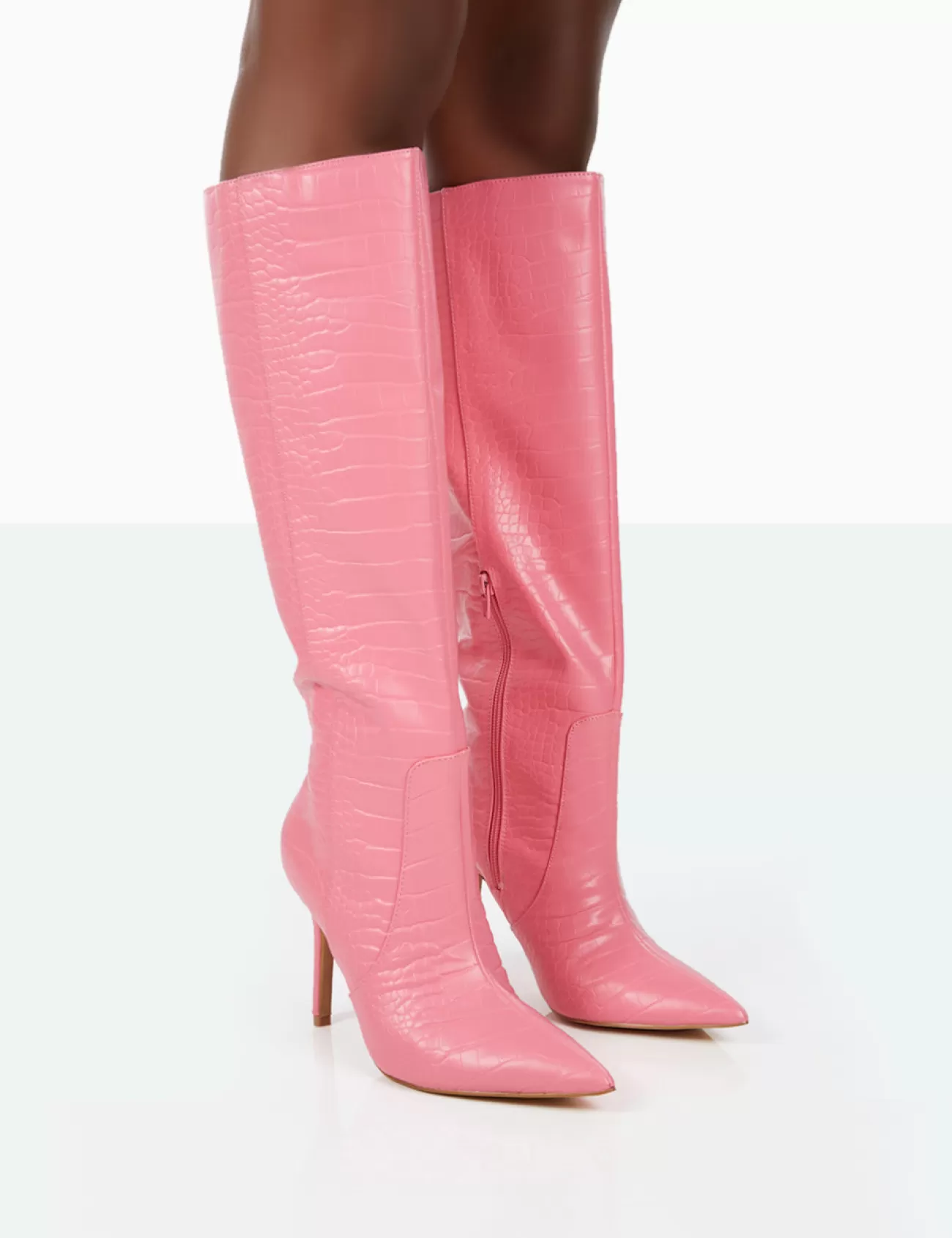 Public Desire Best Believe Croc Pointed Toe Heeled Stiletto Knee High Boots Pink Clearance
