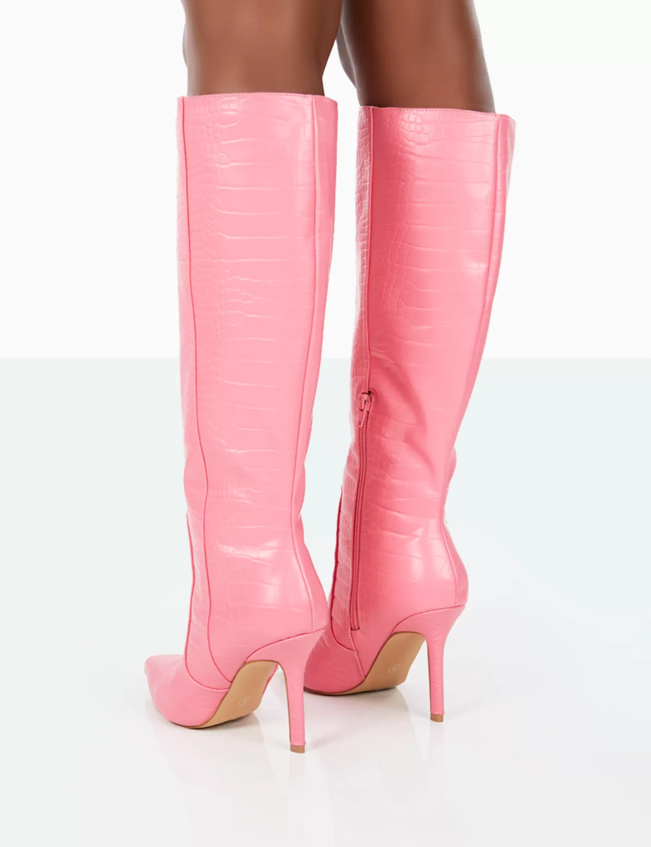 Public Desire Best Believe Croc Pointed Toe Heeled Stiletto Knee High Boots Pink Clearance