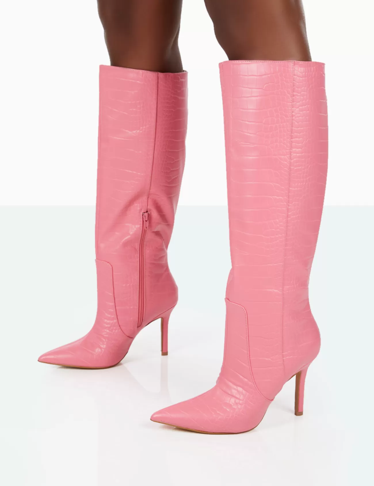 Public Desire Best Believe Croc Pointed Toe Heeled Stiletto Knee High Boots Pink Clearance
