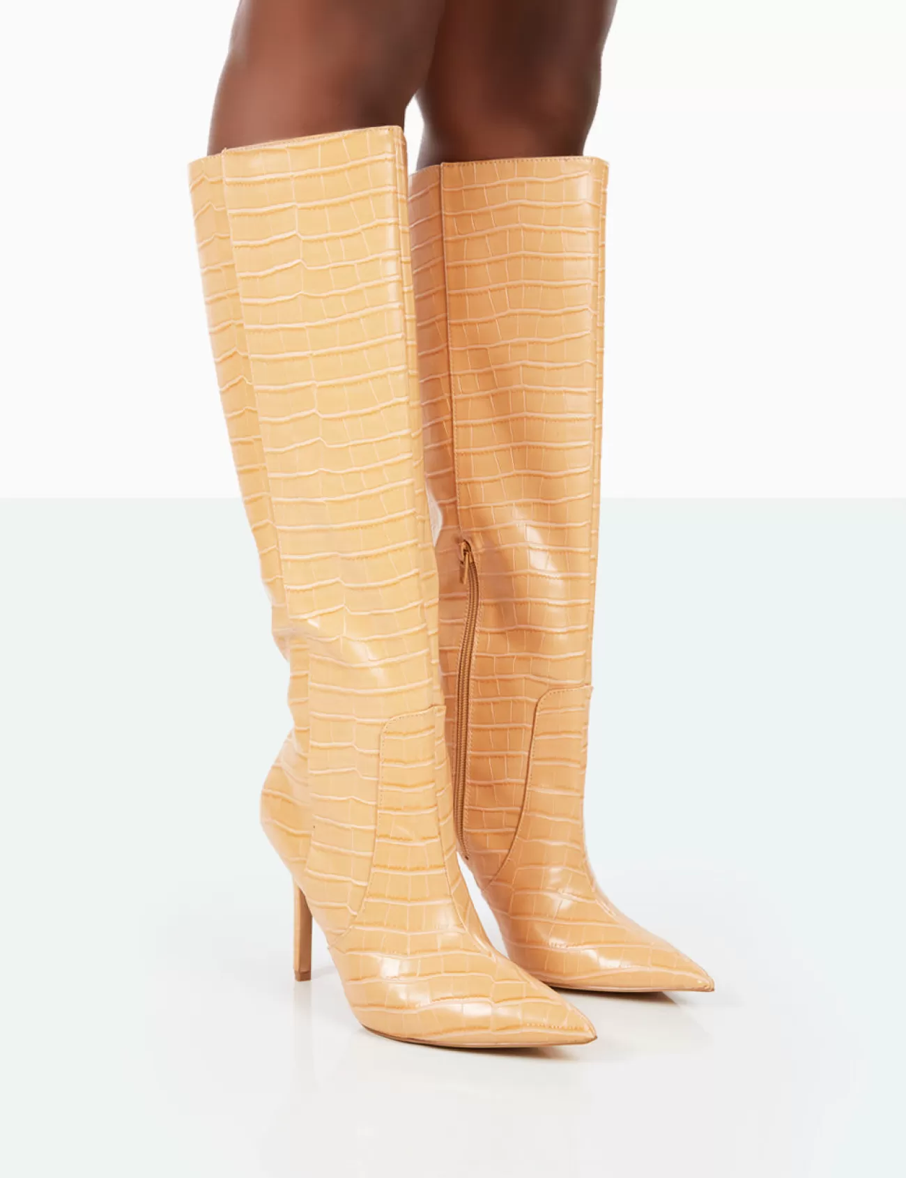 Public Desire Best Believe Croc Pointed Toe Stiletto Heeled Knee High Boots Caramel Best Sale