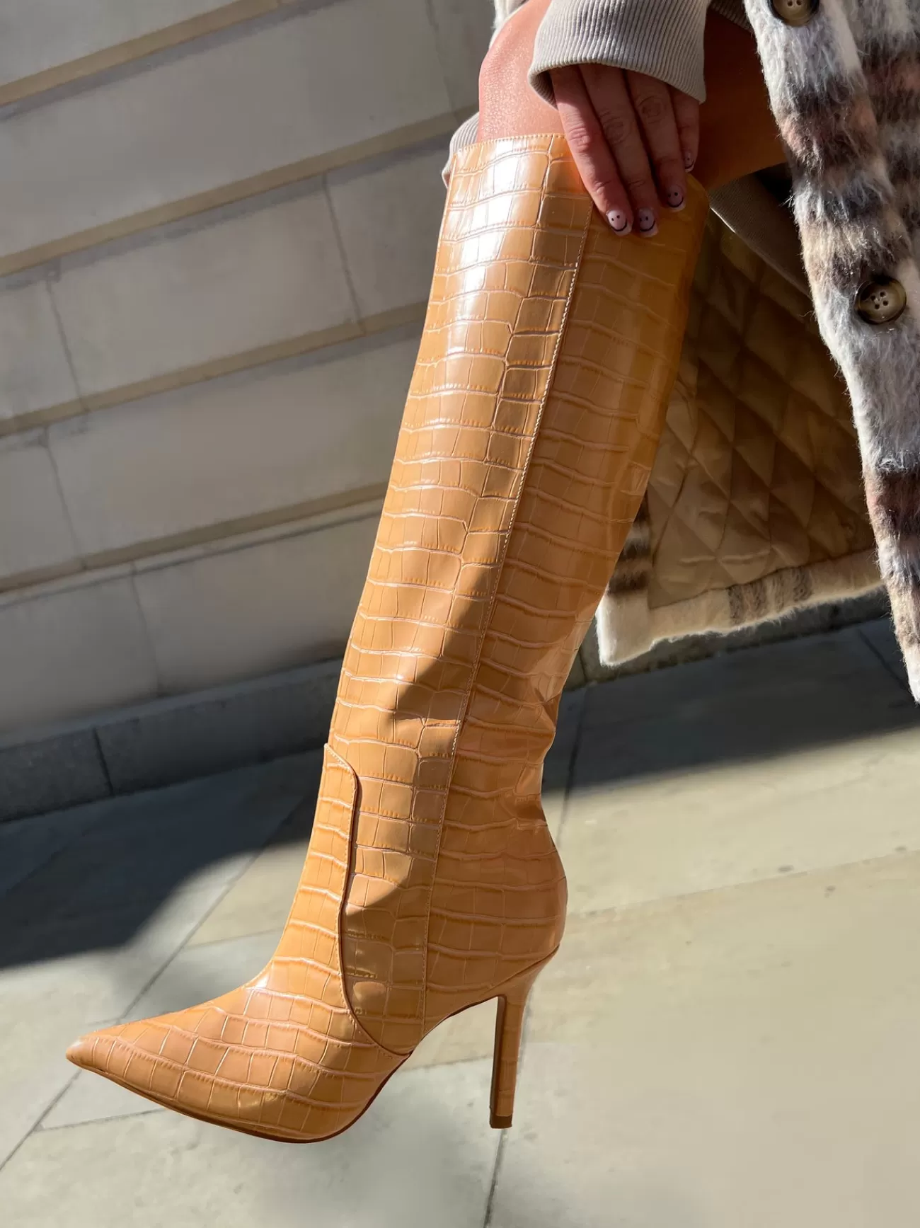 Public Desire Best Believe Croc Pointed Toe Stiletto Heeled Knee High Boots Caramel Best Sale