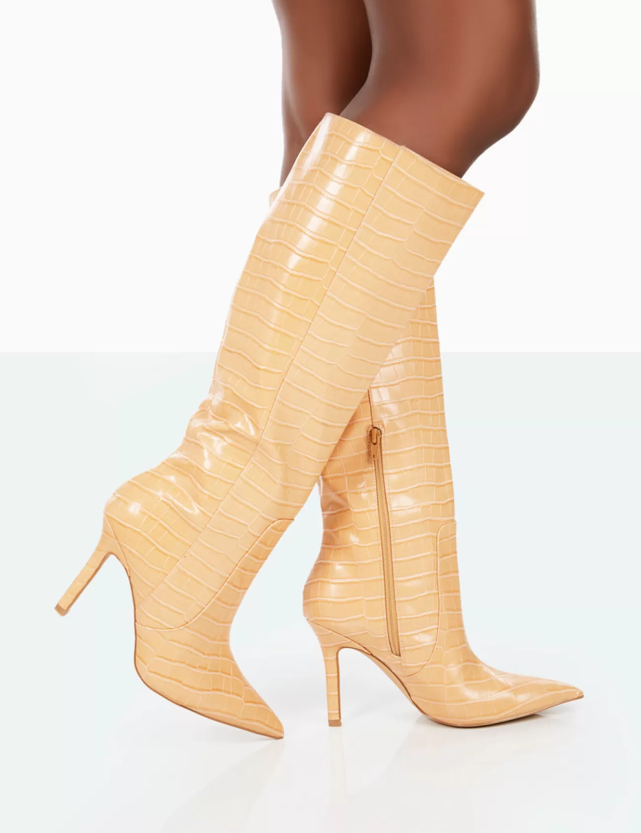 Public Desire Best Believe Croc Pointed Toe Stiletto Heeled Knee High Boots Caramel Best Sale