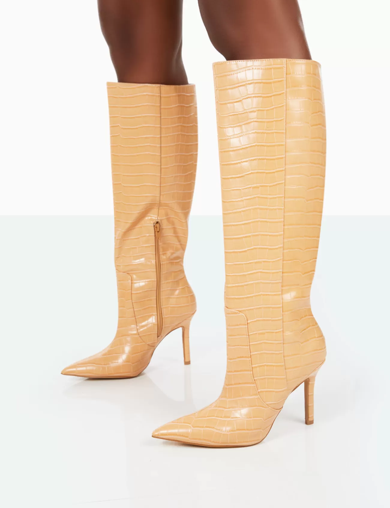 Public Desire Best Believe Croc Pointed Toe Stiletto Heeled Knee High Boots Caramel Best Sale