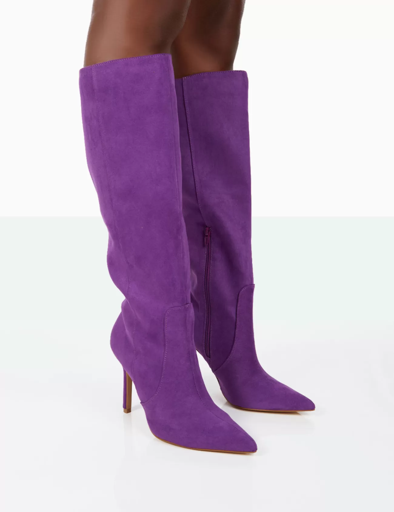Public Desire Best Believe Faux Suede Pointed Toe Stiletto Heeled Knee High Boots Purple Online