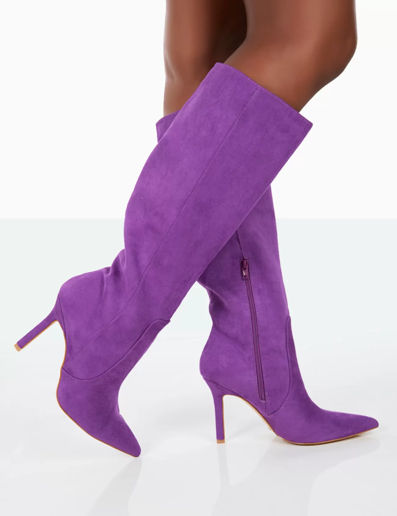 Public Desire Best Believe Faux Suede Pointed Toe Stiletto Heeled Knee High Boots Purple Online