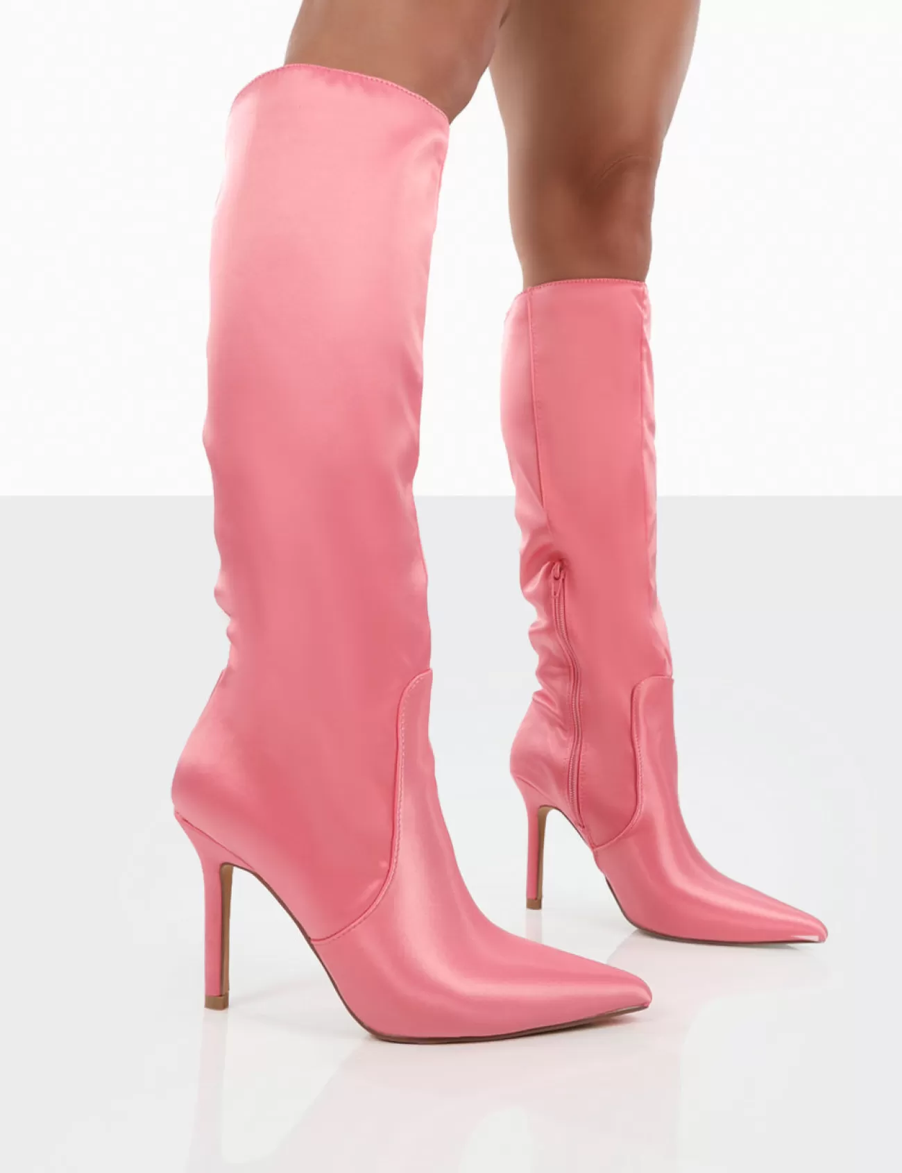 Public Desire Best Believe Satin Pointed Toe Stiletto Heeled Knee High Boots Pink Online