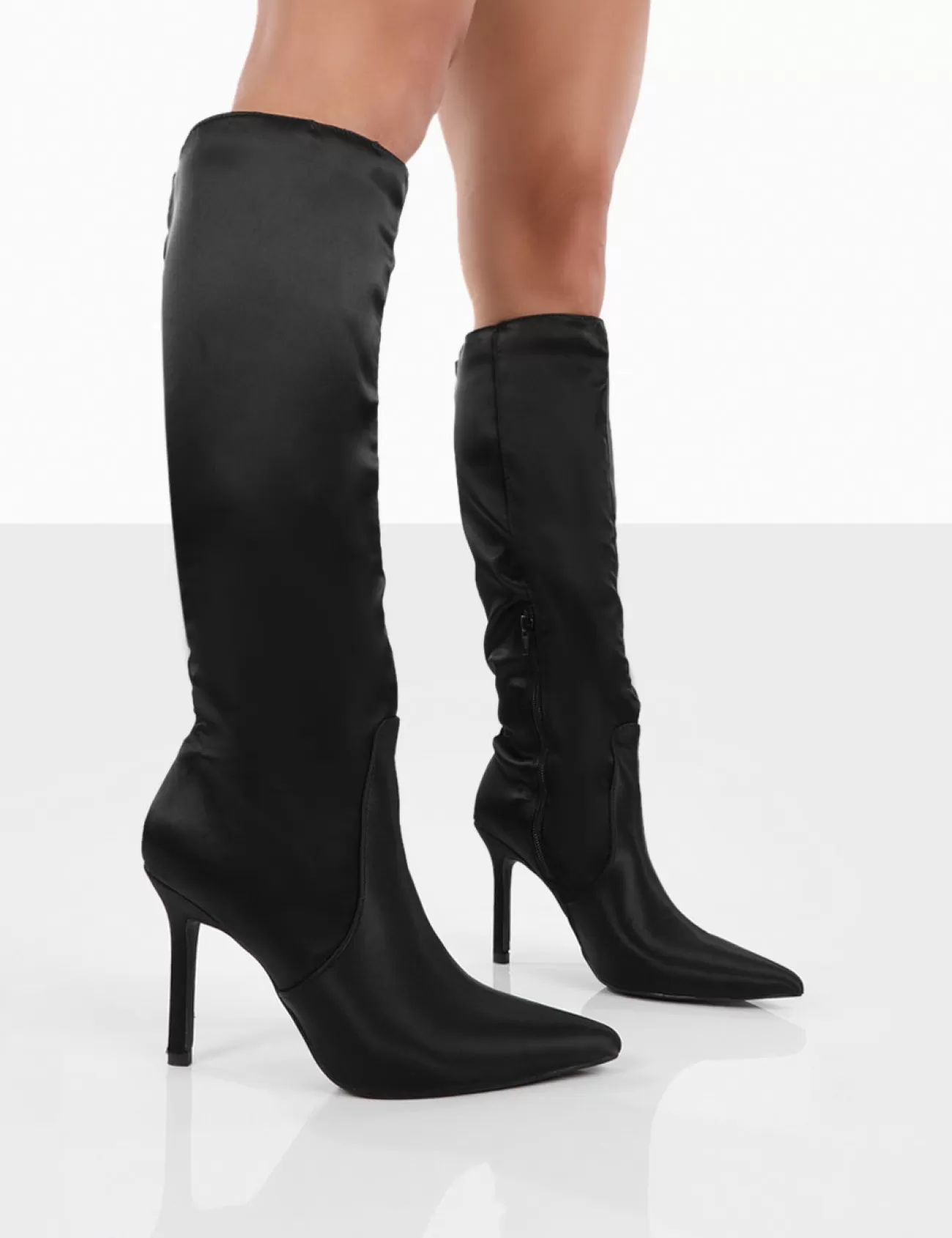 Public Desire Best Believe Satin Pointed Toe Stiletto Heeled Knee High Boots Black Fashion