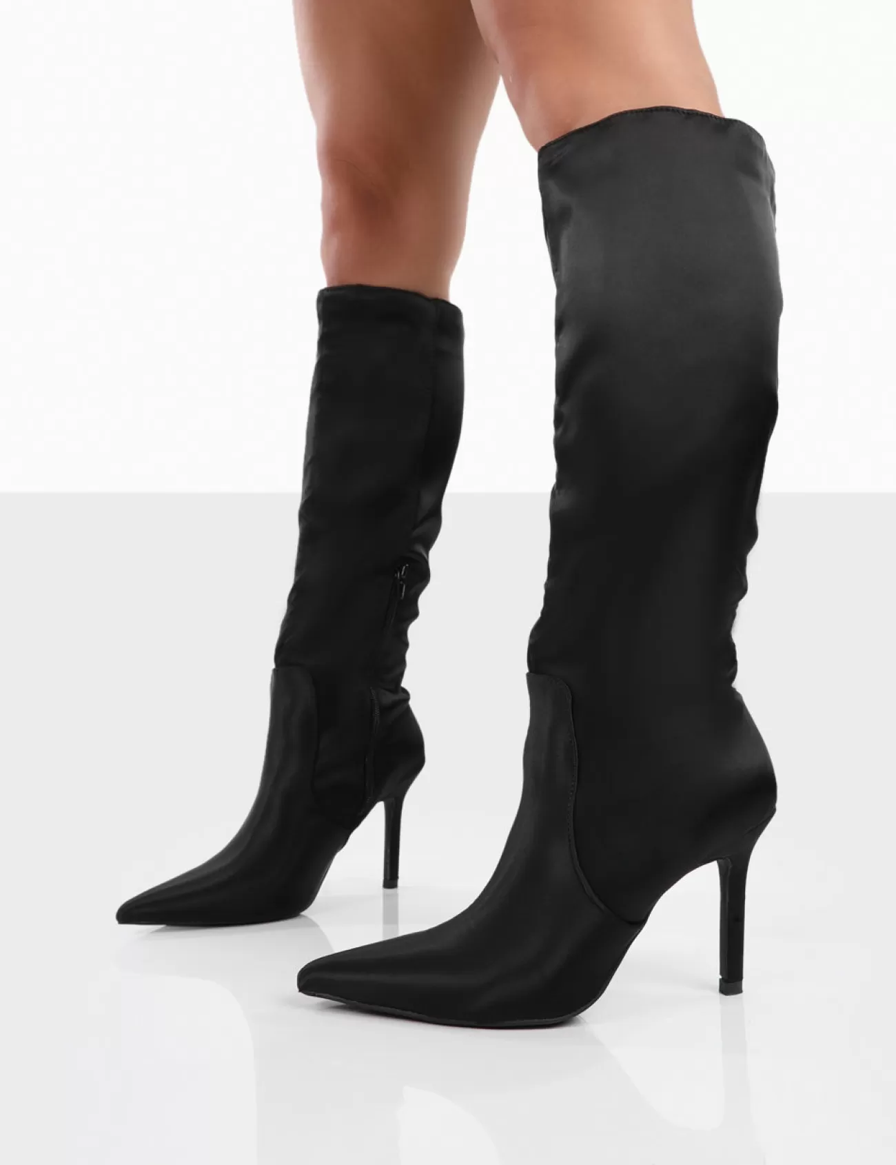 Public Desire Best Believe Satin Pointed Toe Stiletto Heeled Knee High Boots Black Fashion