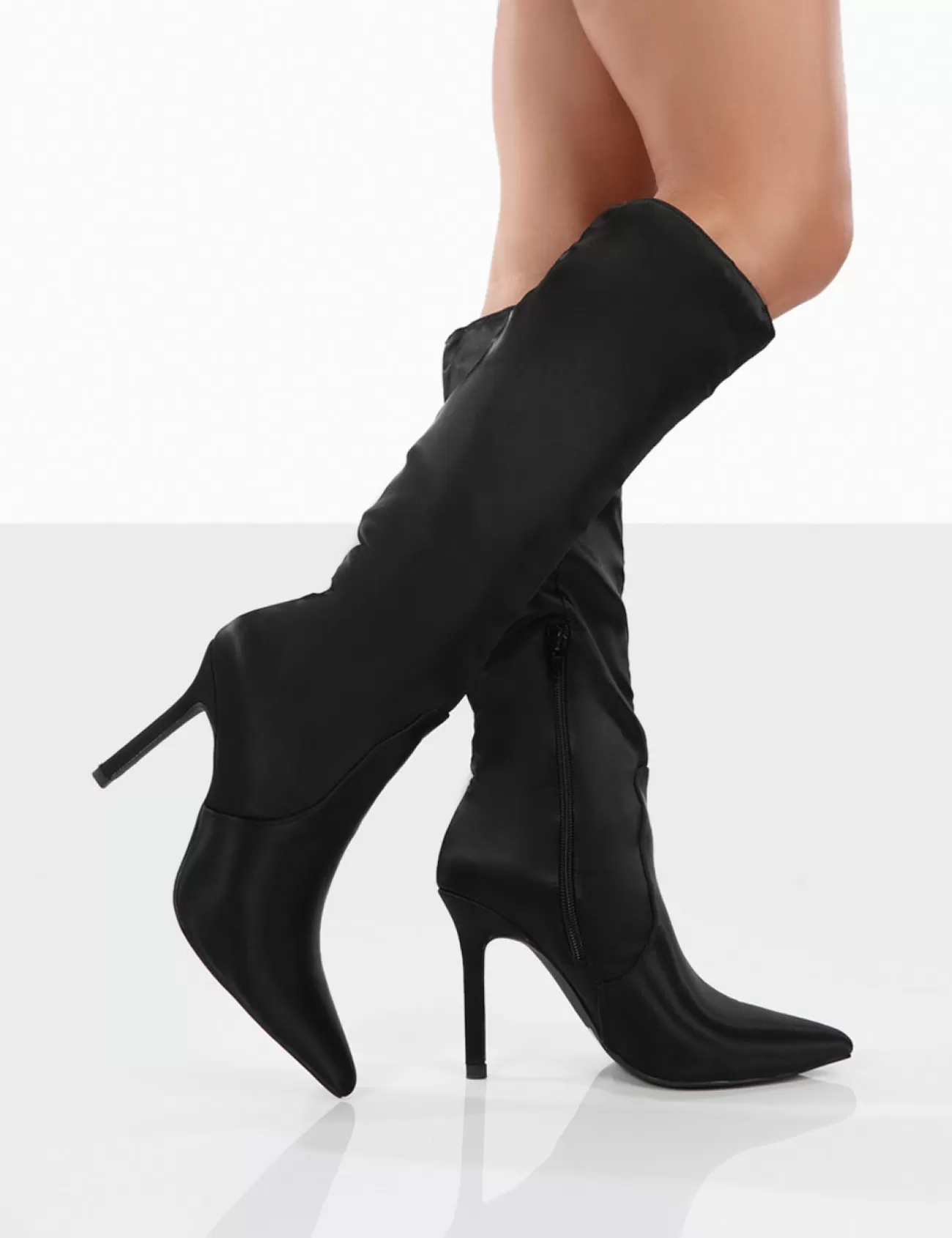 Public Desire Best Believe Satin Pointed Toe Stiletto Heeled Knee High Boots Black Fashion