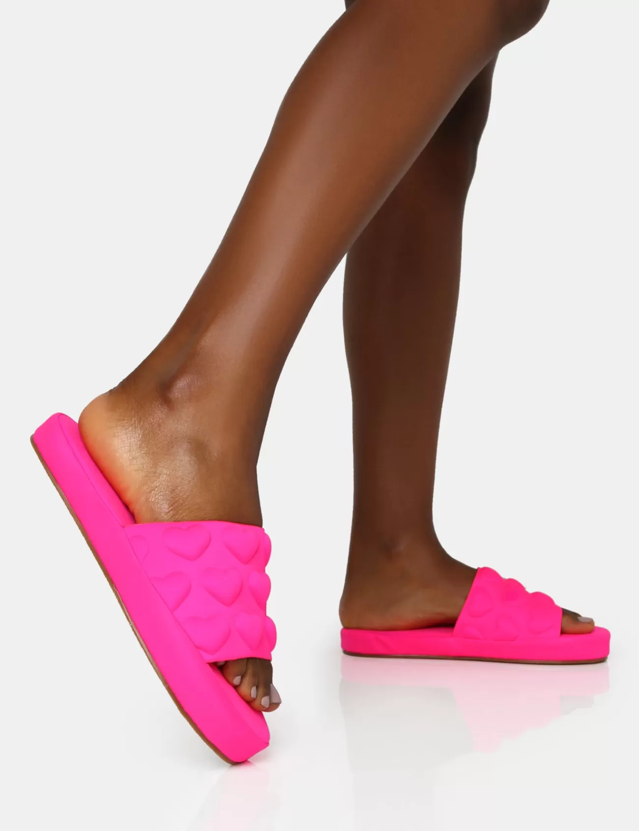 Public Desire Bestie Nylon Embossed Heart Slider Sandals Neon Pink Flash Sale