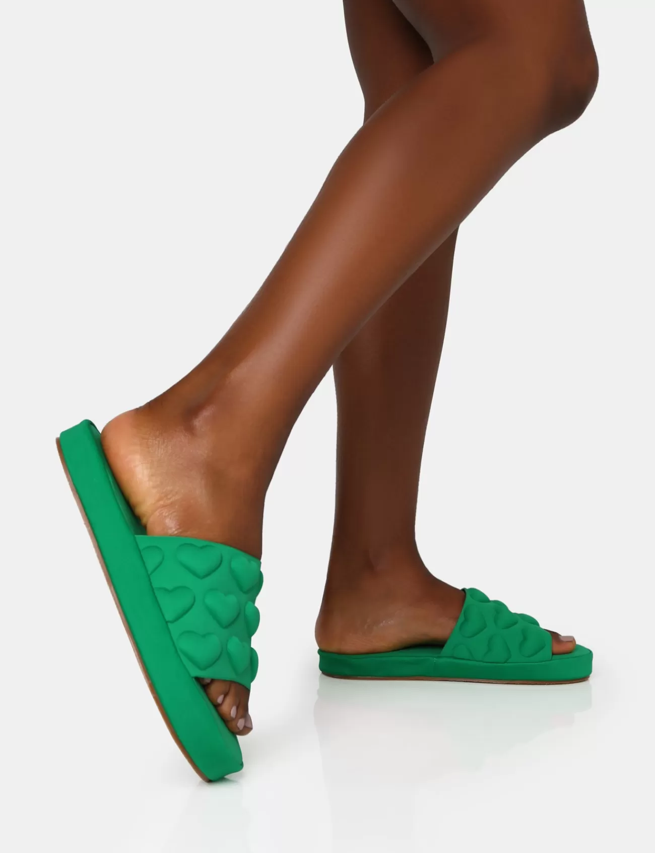 Public Desire Bestie Nylon Embossed Heart Slider Sandals Green Outlet