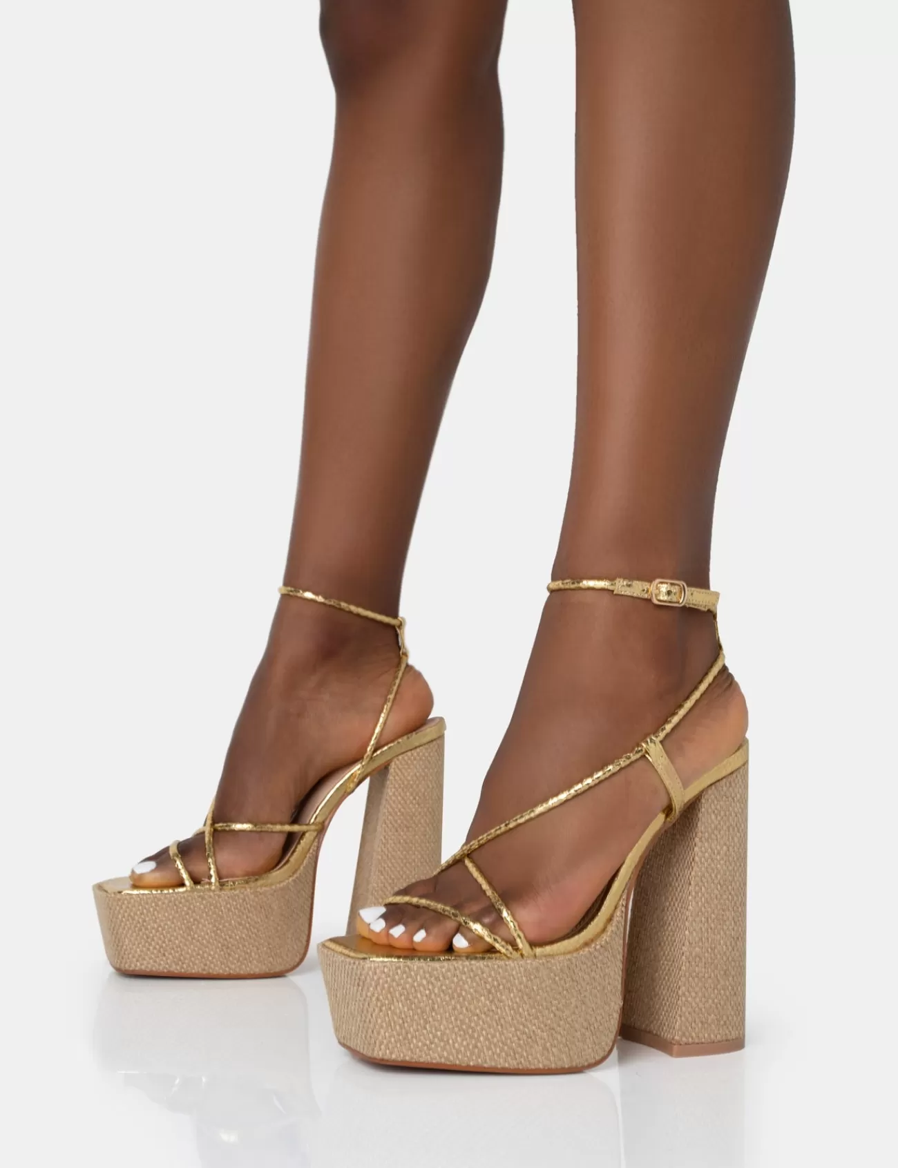 Public Desire Blissful Asymmetric Strappy Square Toe Raffia Platform Block Heels Gold Fashion
