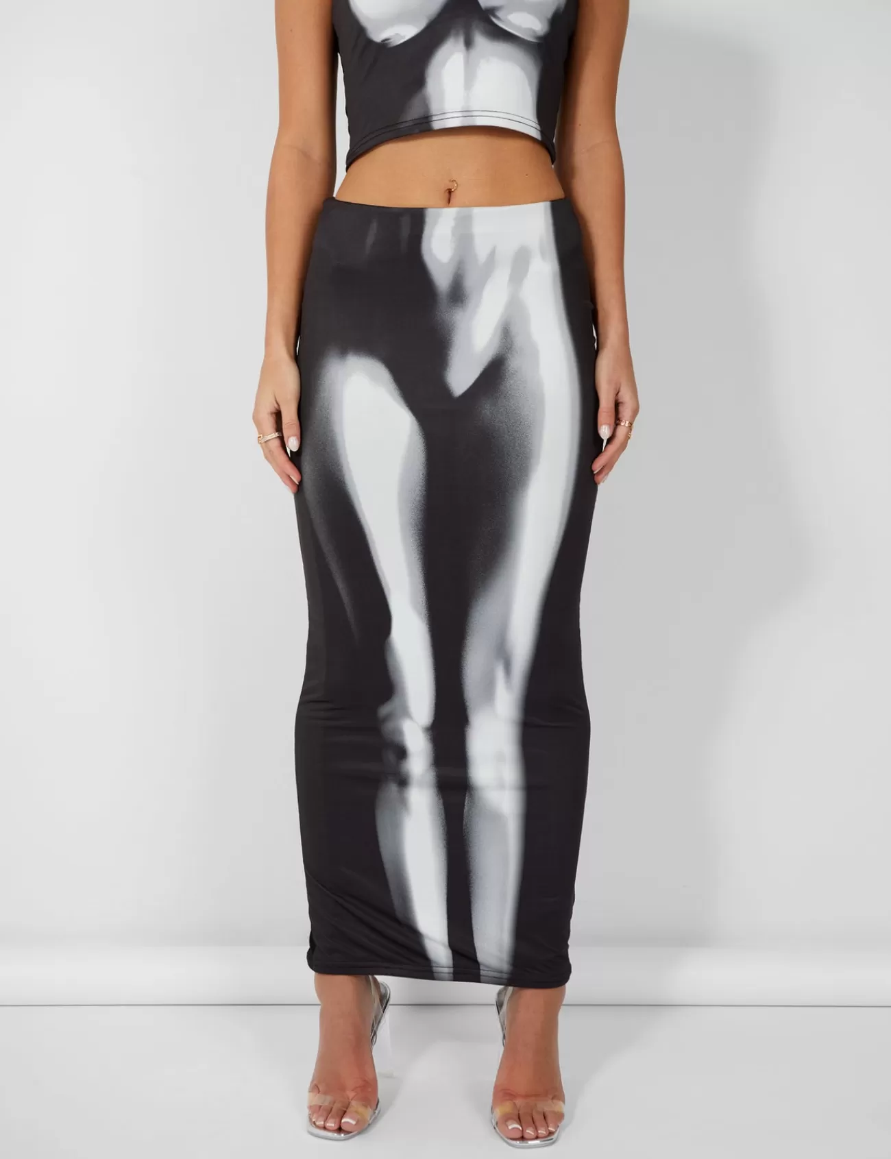 Public Desire Body Heat Print Slinky Midaxi Skirt Black Clearance