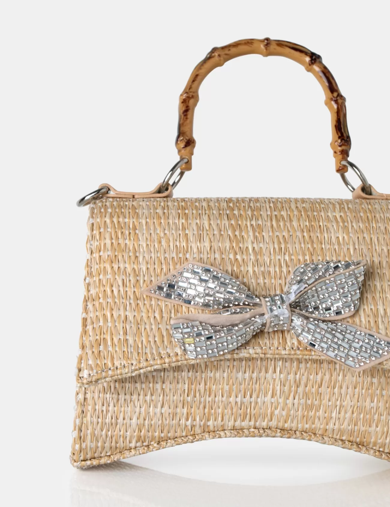 Public Desire Bow Natural Raffia Bamboo Handle Diamante Bow Grab Bag Nude Cheap