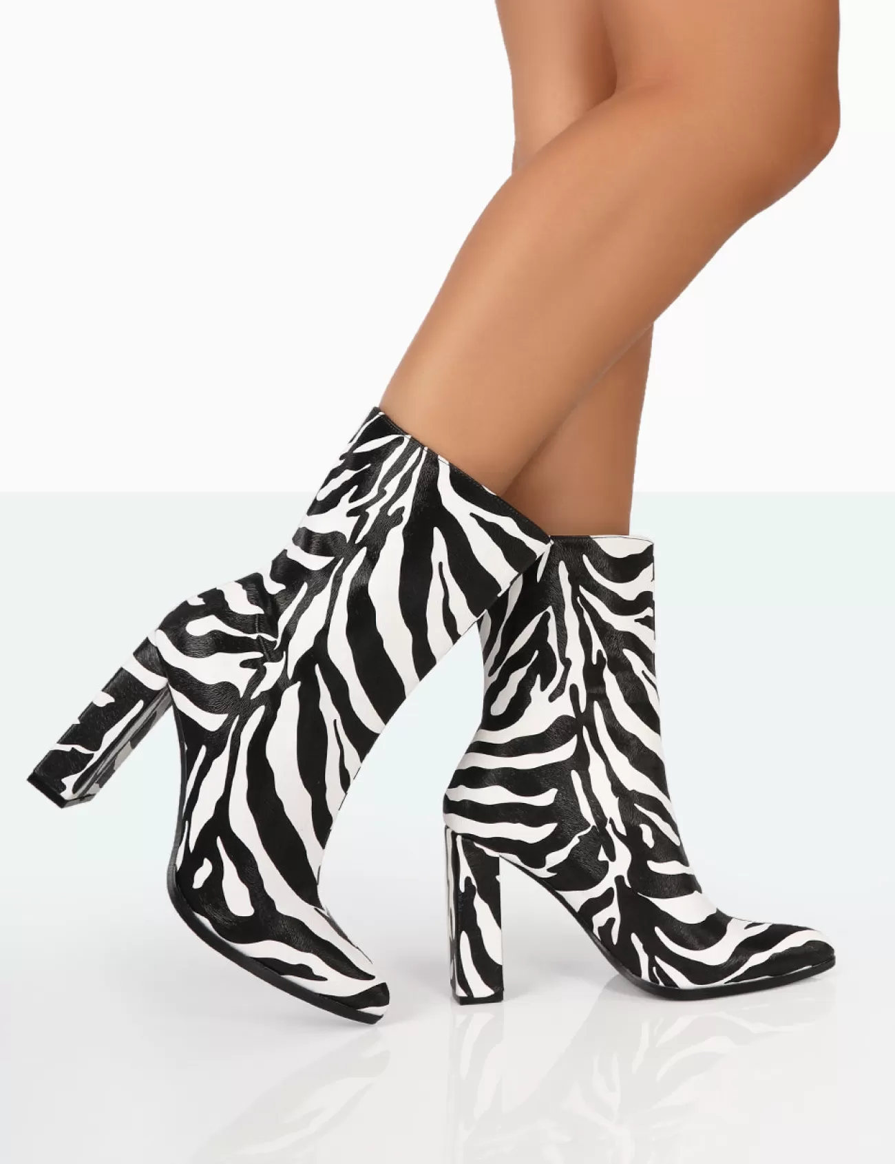 Public Desire Bridget Printed Pu Pointed Toe Block Heeled Ankle Boots Zebra Sale