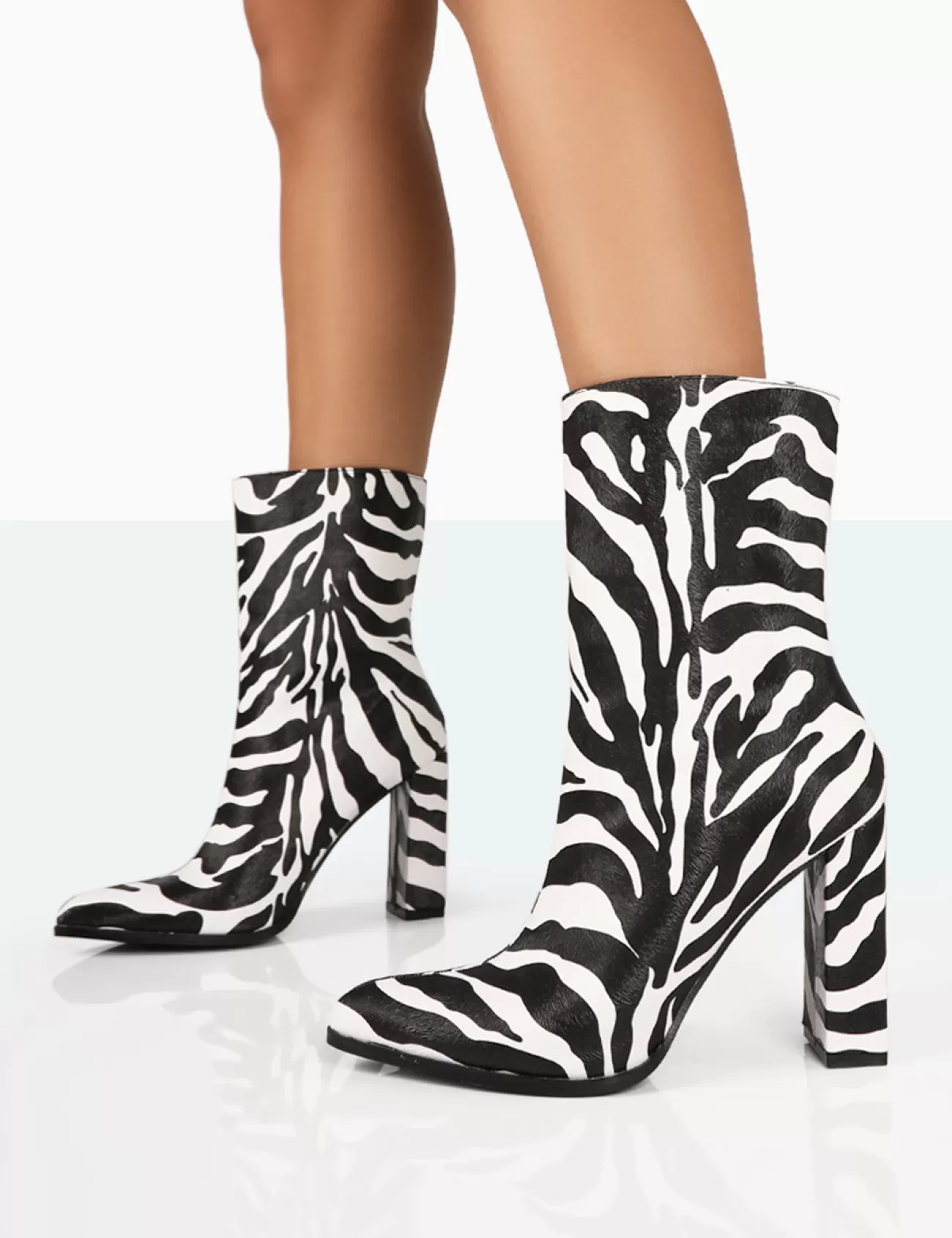 Public Desire Bridget Printed Pu Pointed Toe Block Heeled Ankle Boots Zebra Sale